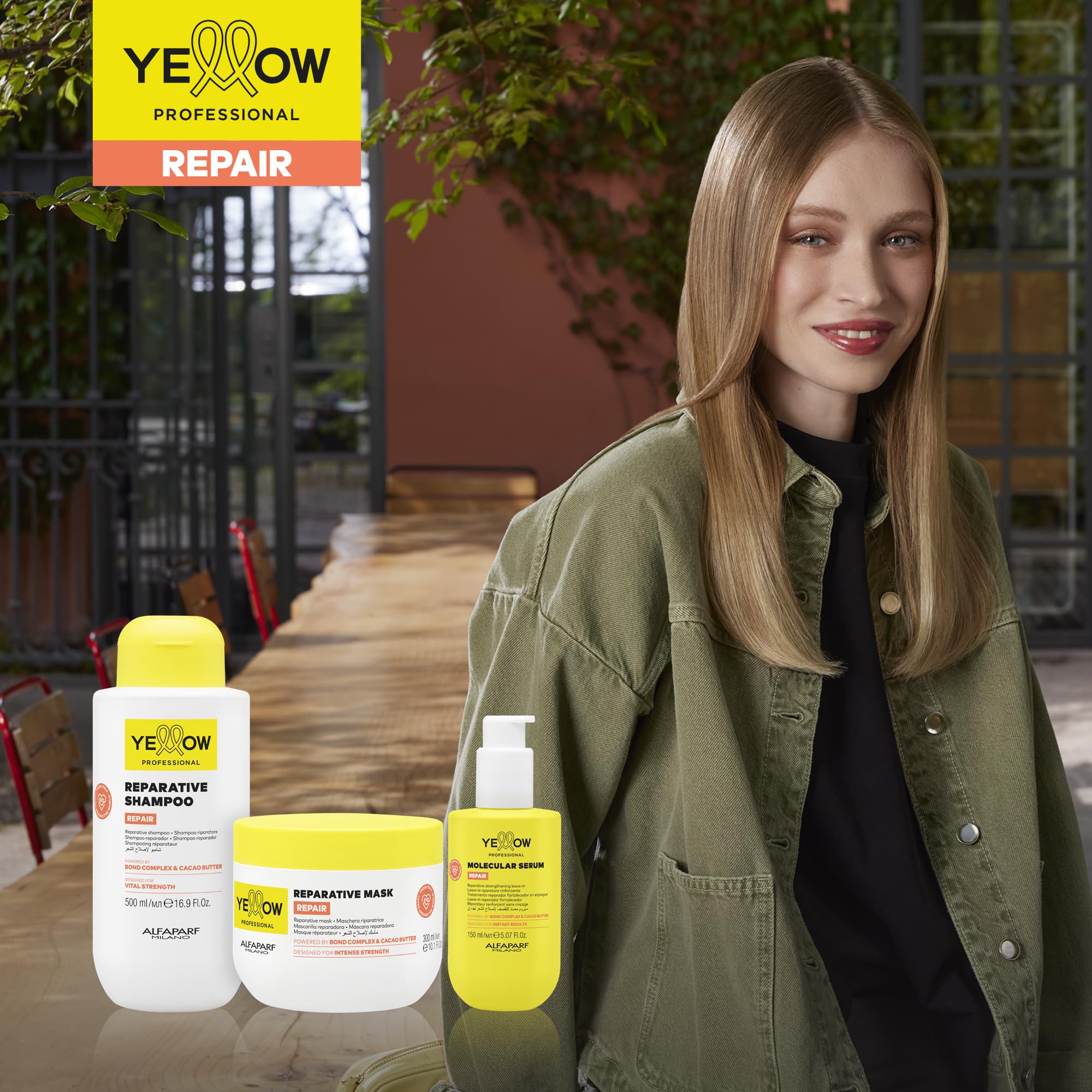 ALFAPARF MILANO Yellow Professional Repair Molecular Serum - Strengthening Leave-In for Damaged Hair - Powered by Bond Complex & Cacao Butter - Designed for Instant Results (5.07 fl oz / 150ml)