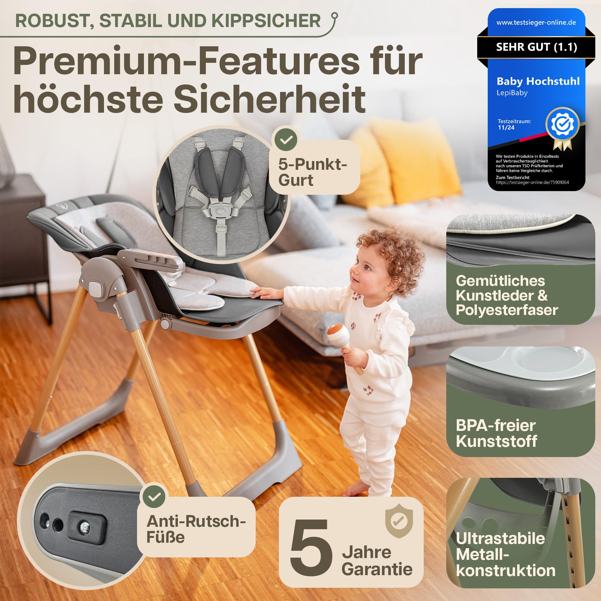 FlexiCo Hochstuhl Baby mit Liegefunktion & Neugeborenenaufsatz, Klappbar & Höhenverstellbar | Kinderstuhl Kinderhochstuhl Babystuhl | Mitwachsend Kind ab Geburt, 1-3 Jahre | Grau