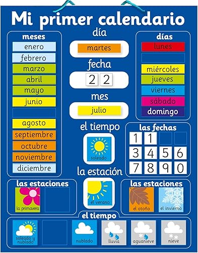 Fridge Magic Calendario magnético de mi primer aprendizaje en español. Tablero rígido de 16 x 13 pulgadas, 15.7 x 12.6in con lazo para colgar. Mueve