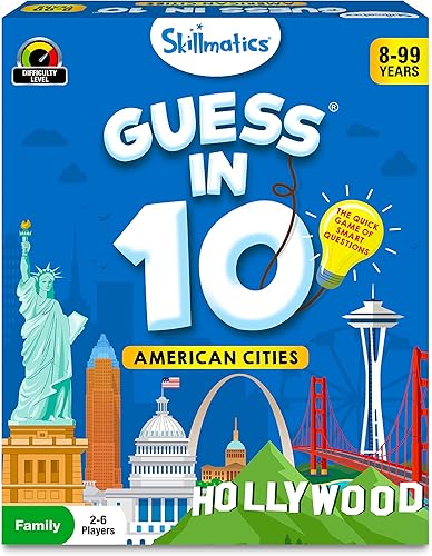 Skillmatics Juego de cartas Guess in 10 American Cities, perfecto para niños, niñas, niños y familias que aman los juguetes y juegos educativos,