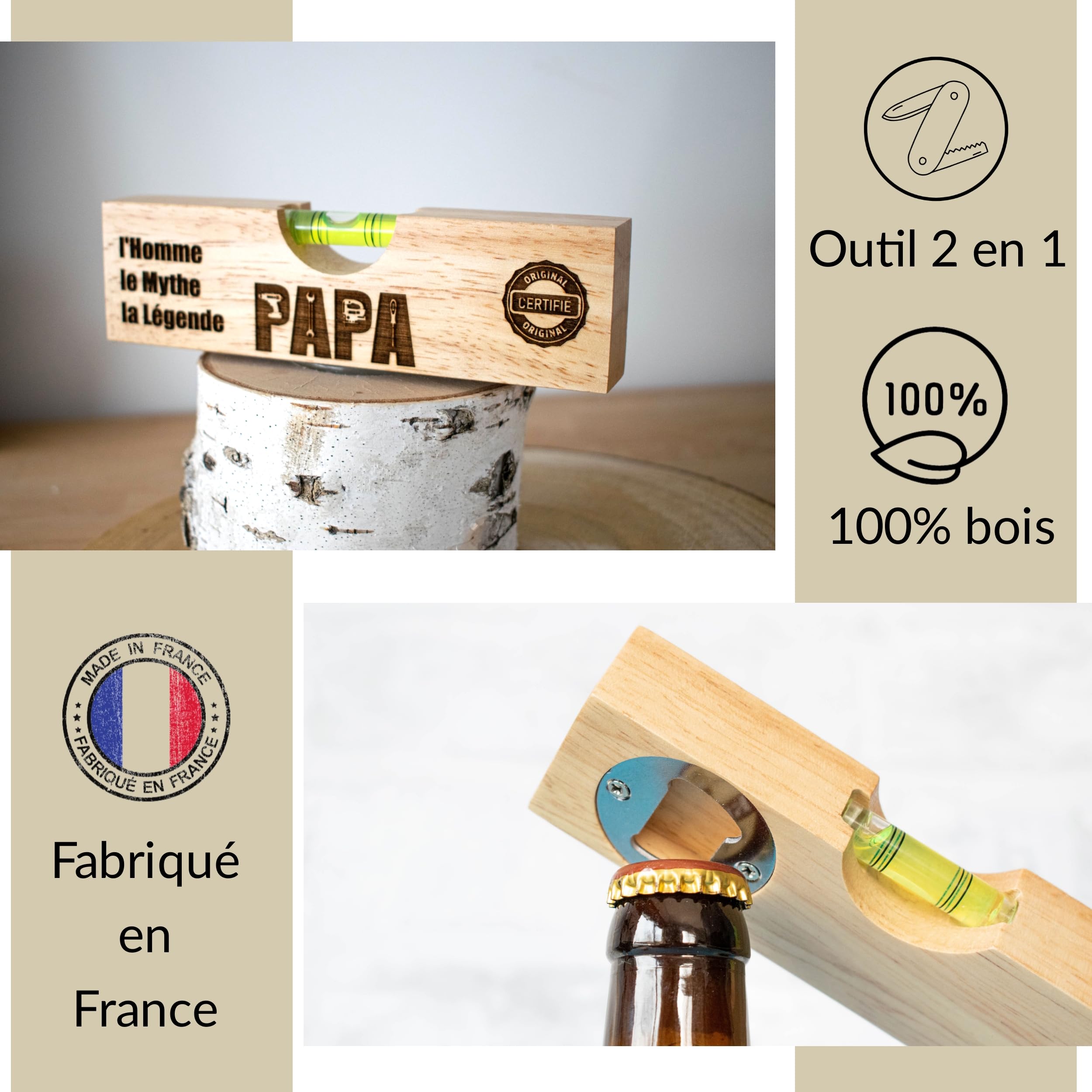 Apribottiglie 2 In 1 Con Livella A Bolla ERNESTINE – Regalo In Legno Per Papà E Nonni – Fai Da Te E Festa Del Papà - 3