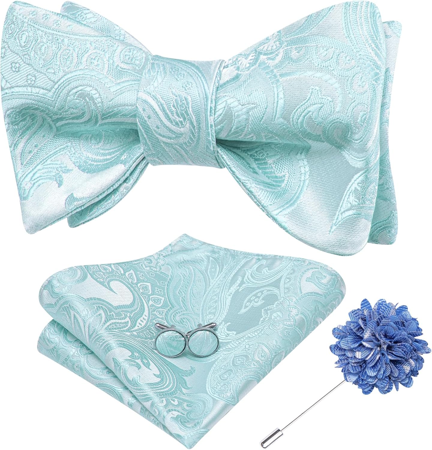 Dubulle Mens Self Tie Bow Ties and Lapel Pin Paisley Floral Bowtie for Men Pocket Square Cufflinks Set Wedding Business Aqua Blue