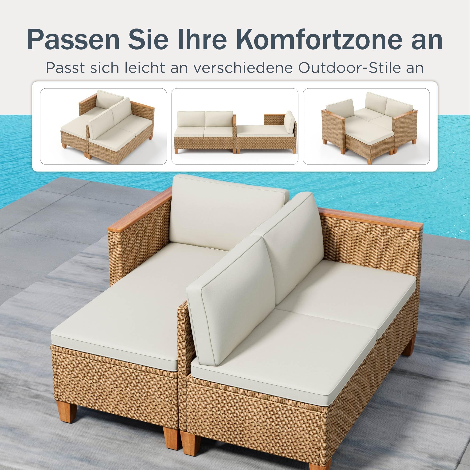 PHI VILLA 3 Teilig Gartenmöbel Set Balkonmöbel, Rattan Lounge Möbel Outdoor mit 1 Chaiselongue, 1 Zweisitzer-Sofa und 1 Kleiner Couchtisch, 4 Personen Terassenmöbel Außen Gartensofa
