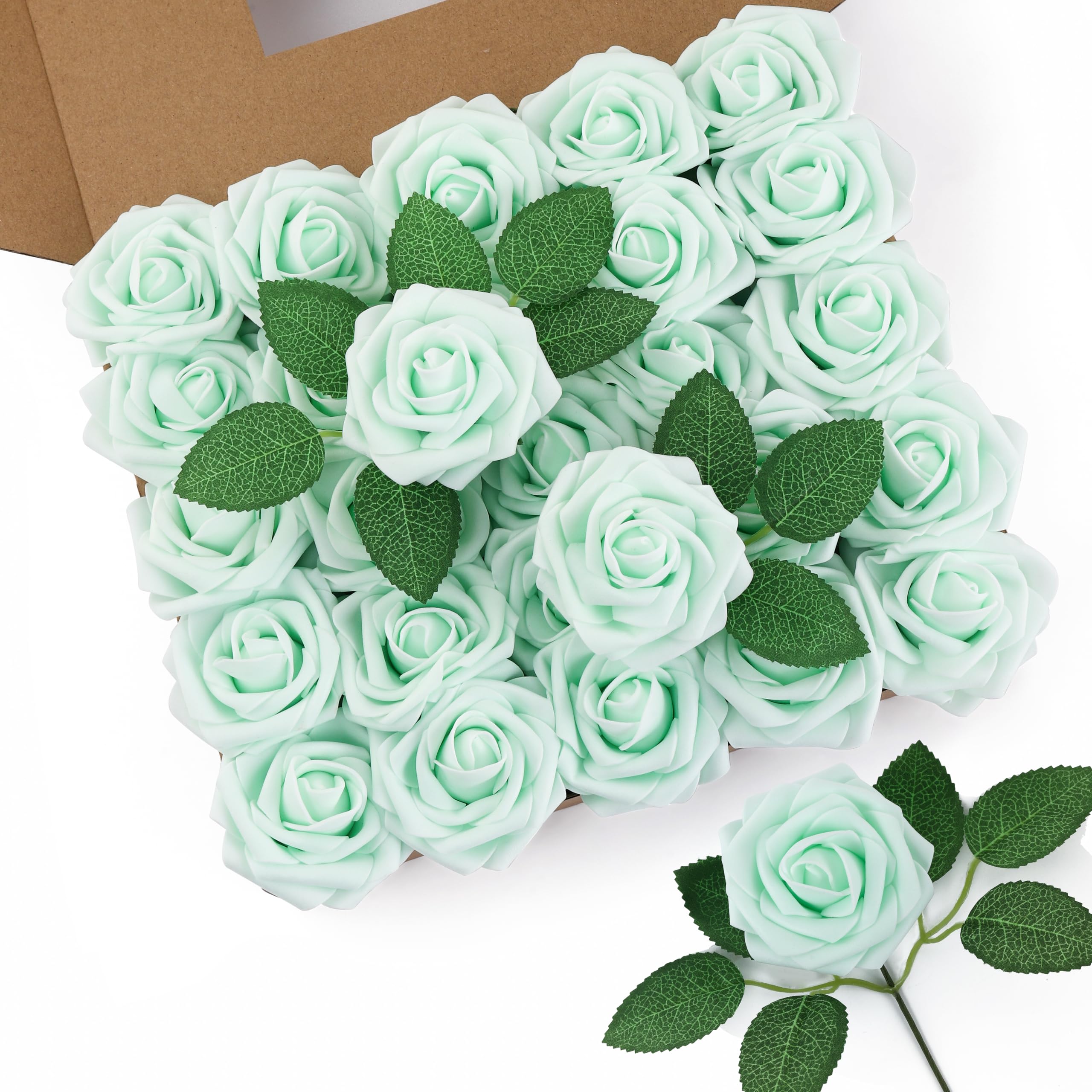 DuHouse Artificial Roses 50Pcs Fake Foam Rose Flowers Weeding(Mint Green) — image 1