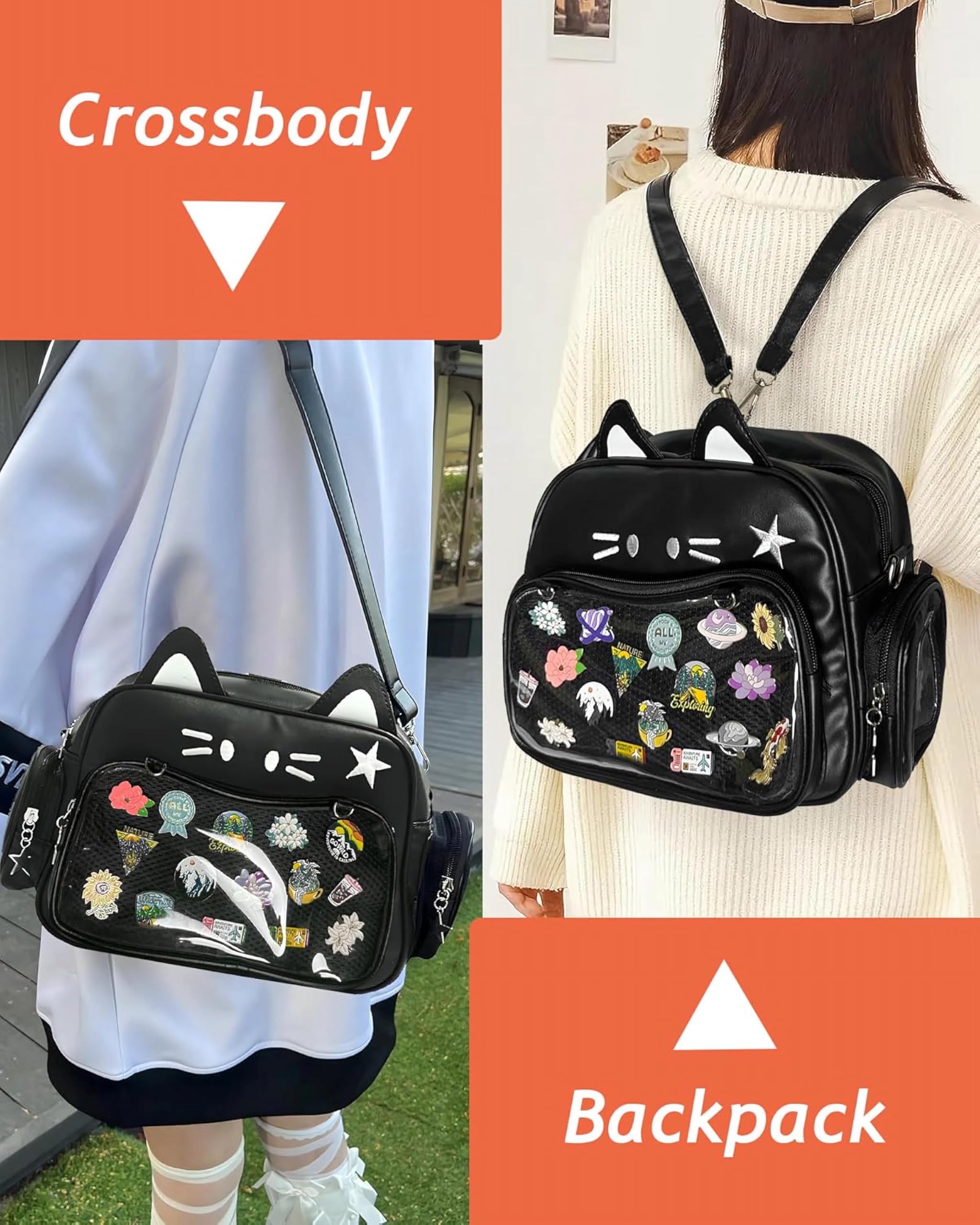 Zaino con display pin per ragazze della scuola con materiale in pelle PU - Kawaii Cat Ita Bag Preppy Y2k Estetica Borsa a tracolla con inserto