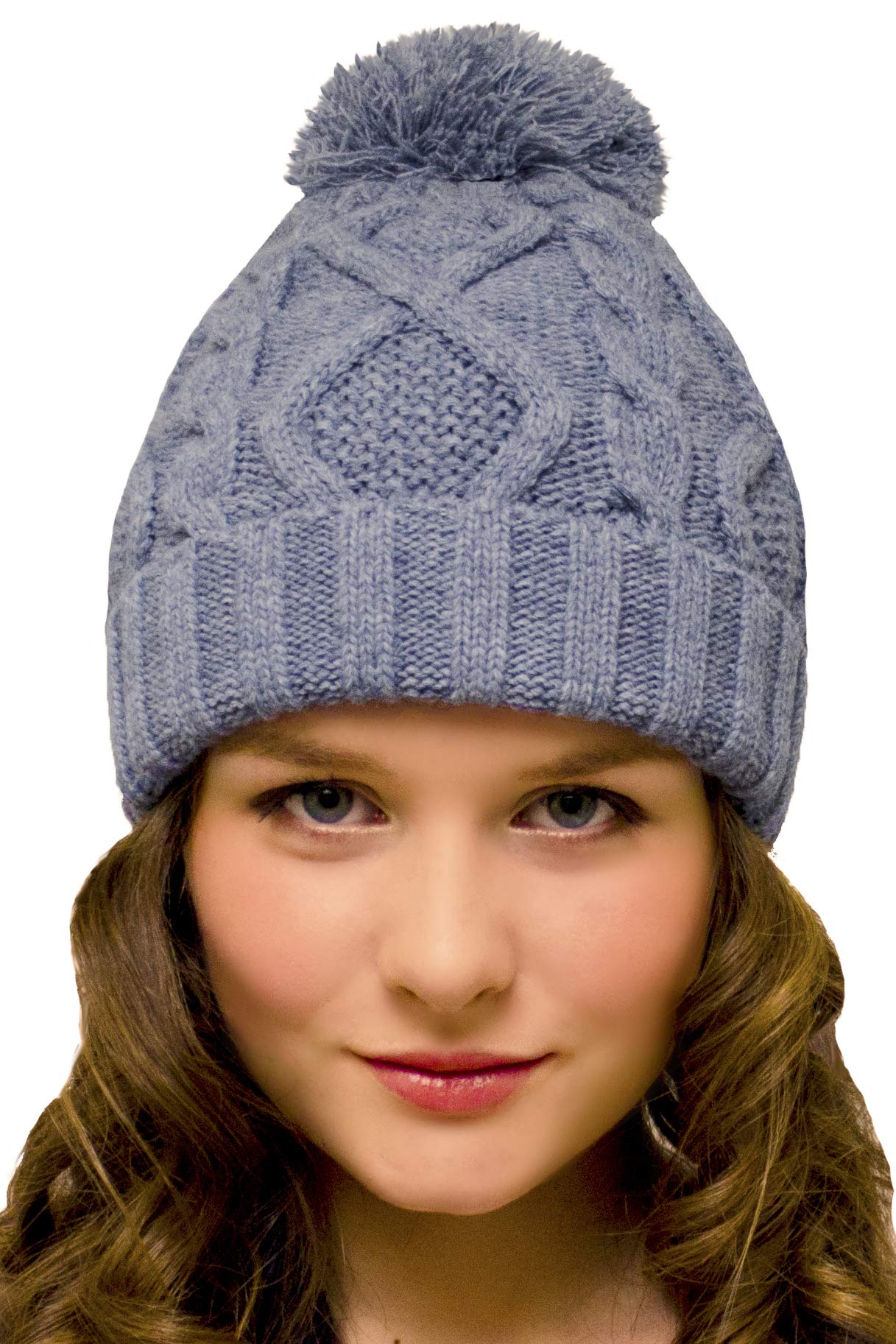 Entire Empire Women's Denim Bobble Hat Winter Beanie With Pom Pom Light Blue - Knitted Hats For - Woolly Hats Woollen Pompom (Denim)