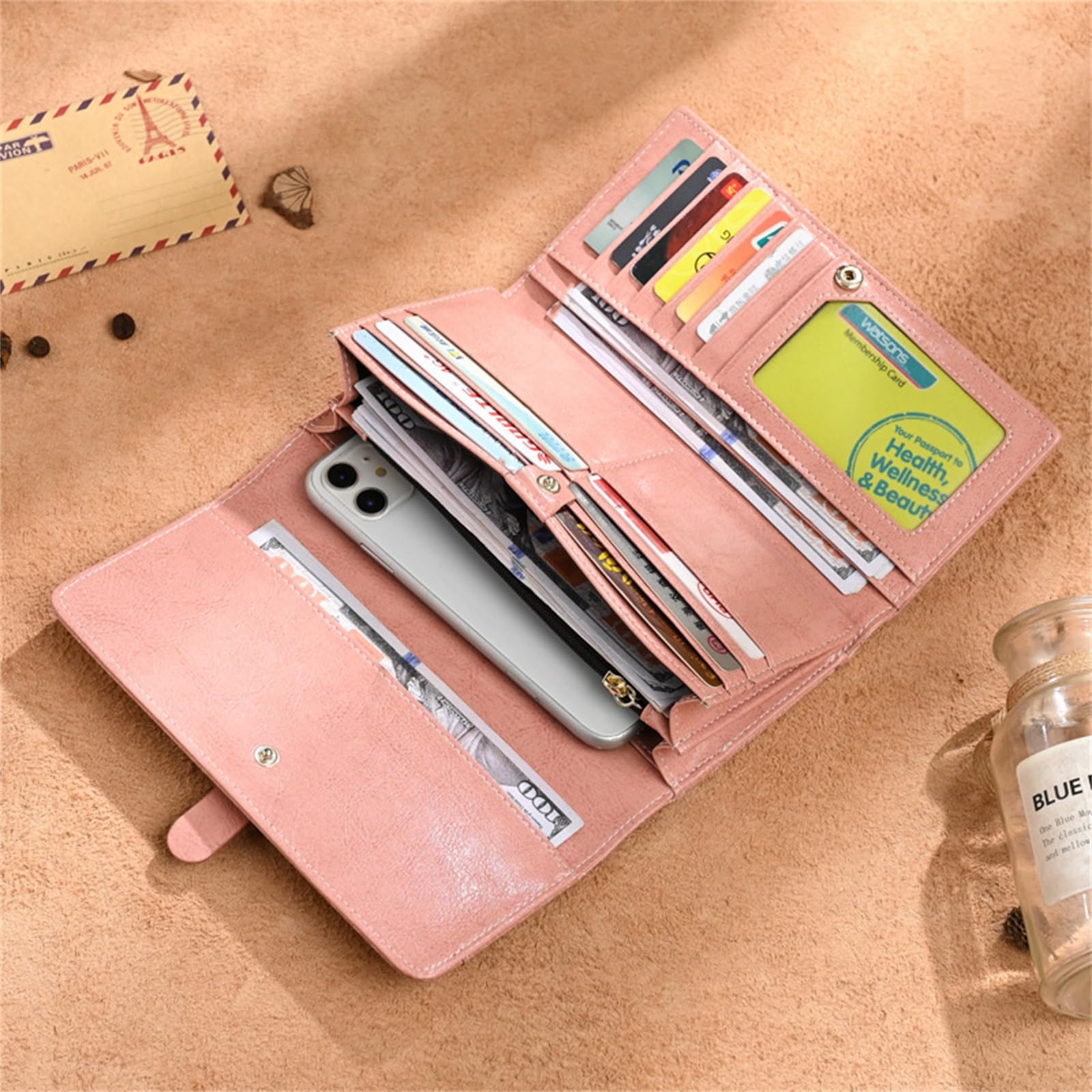 Cartera Larga para Mujer Cartera for Mujer, Monedero, Bolso, Bolsillo for Tarjetas, Triple para Viajar(Rosado)