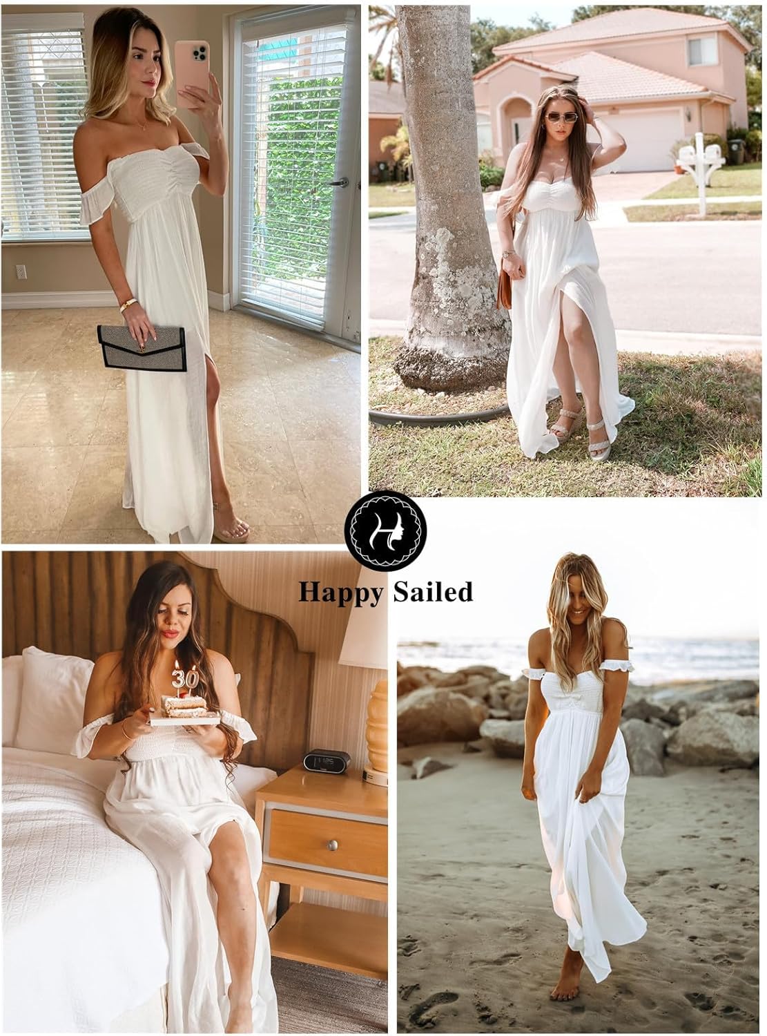 Happy Sailed Women's 2025 Summer Smocked Off The Shoulder Maxi Dresses Ruffle Short Sleeve A Line Side Slit Sundress - Image 7