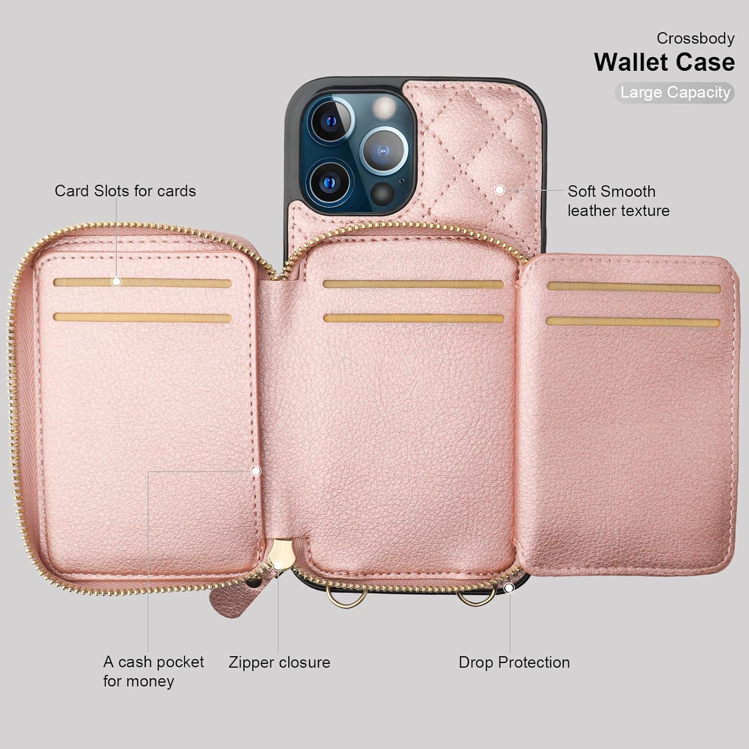 Bocasal Crossbody Wallet Case for iPhone 12 Pro Max, RFID Blocking PU Leather Zipper Handbag Purse Flip Cover, Kickstand Folio Case with Card Slots Holder Wrist Strap Lanyard 5G 6.7 Inch (Rose Gold)