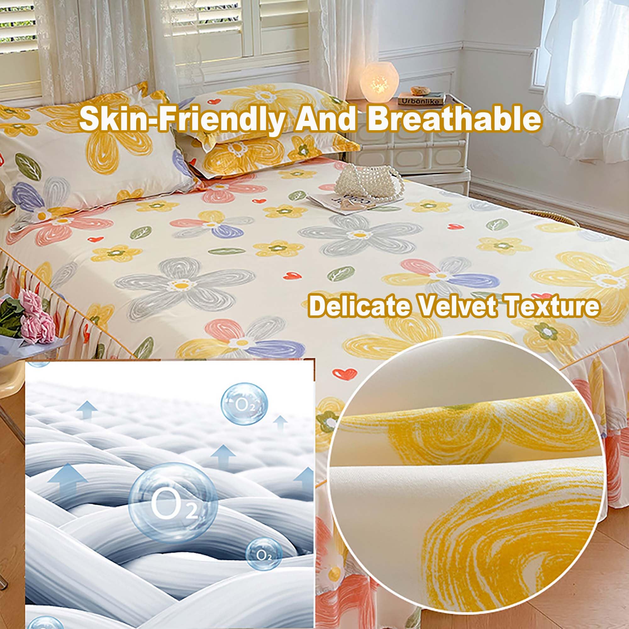 Falda de Cama con Volantes, Colcha Envolvente, Sabana Bajera con Volantes Acolchado, Transpirable Protector de Colchó para el hogar, con Fundas de Almohada