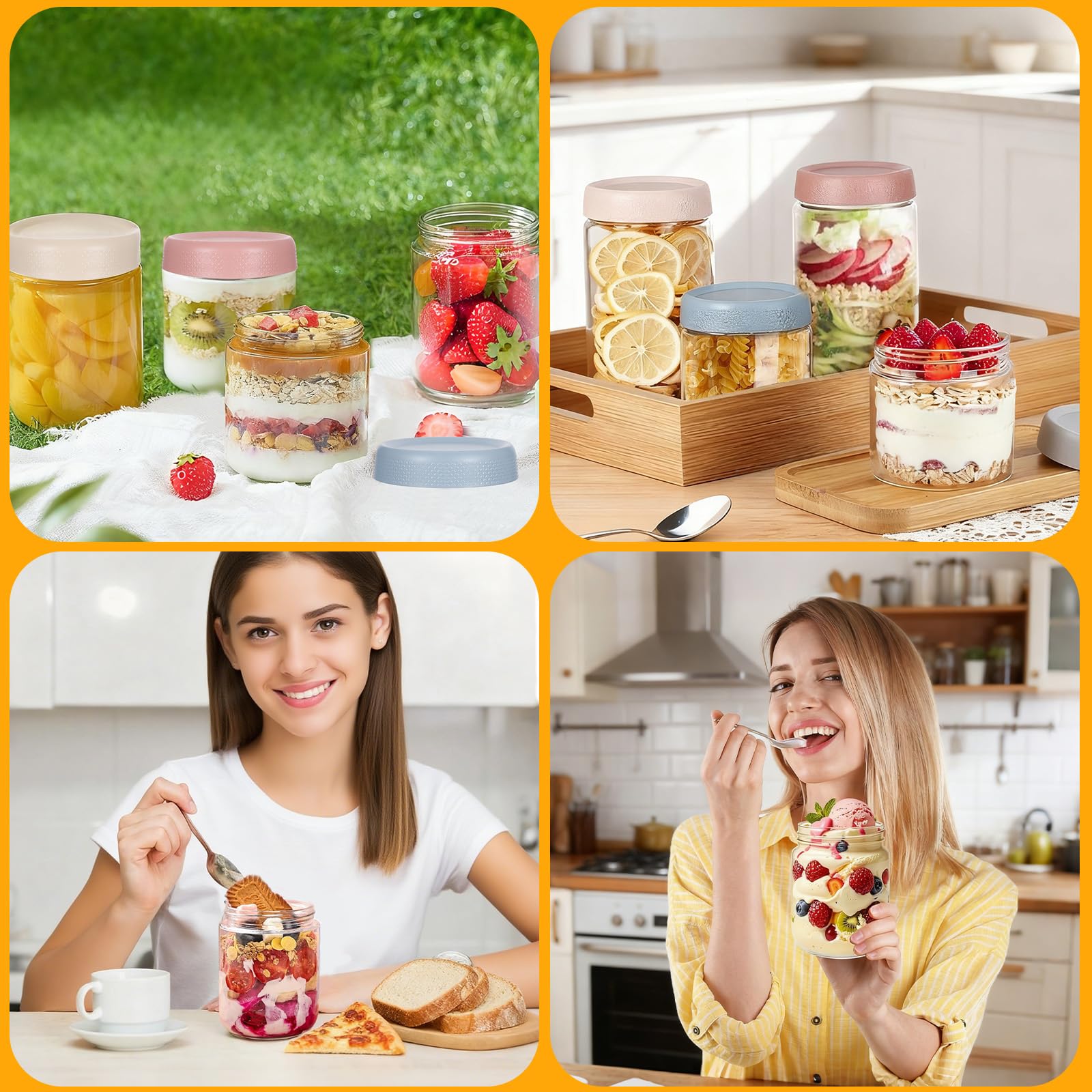 Zocipro Zestaw 4 słoików Overnight Oats Jar 600 ml i 350 ml, słoiki ze szkła borokrzemianowego, słoiki na jogurt i owsiankę z uszczelnianymi zakrętkami, hermetyczny szklany słoik do przygotowywania