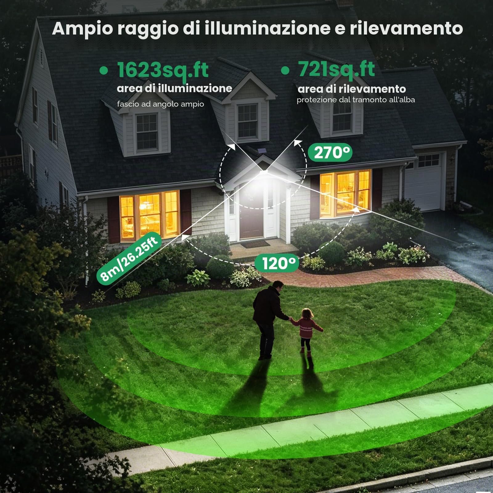 Lampada Solare da Esterno, Faretto Led da Esterno con Sensore di Movimento, 204LED 3 Modes Luce Solare Led Esterno con Pannello Solare IP65 Impermeabile, Lampioni Luci Solari con 5M Cavo-2 Pezzi