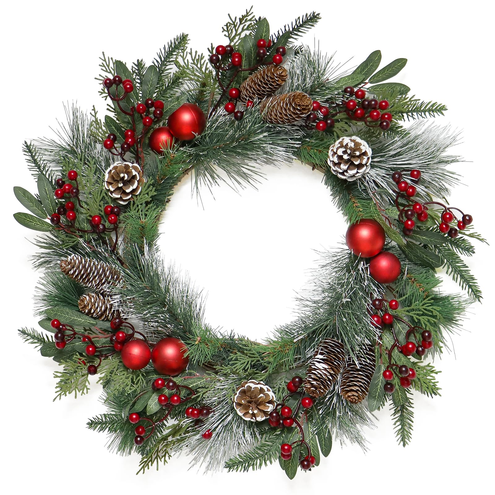 Weldomcor 60CM Weihnachtskranz Türkranz, Groß Weihnachtsgirlande Tannenkranz mit Weihnachtskugeln Kiefernzapfen Beere für Haustür Kamin Wanddekoration