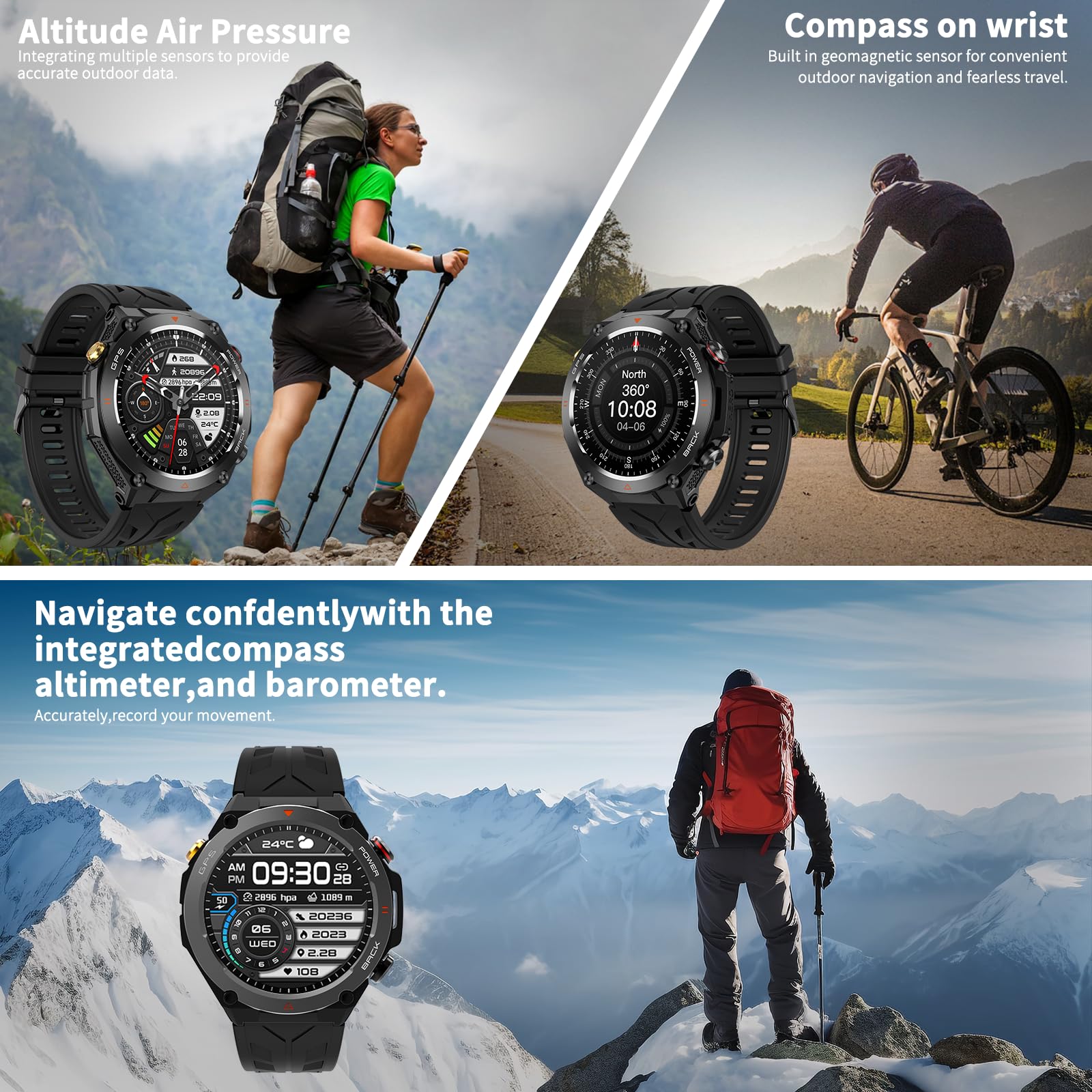 Reloj inteligente militar con GPS, presión/altitud/brújula, reloj inteligente resistente para hombres con batería extra grande de 650 mAh, contestar/hacer llamadas, más de 100 modos deportivos