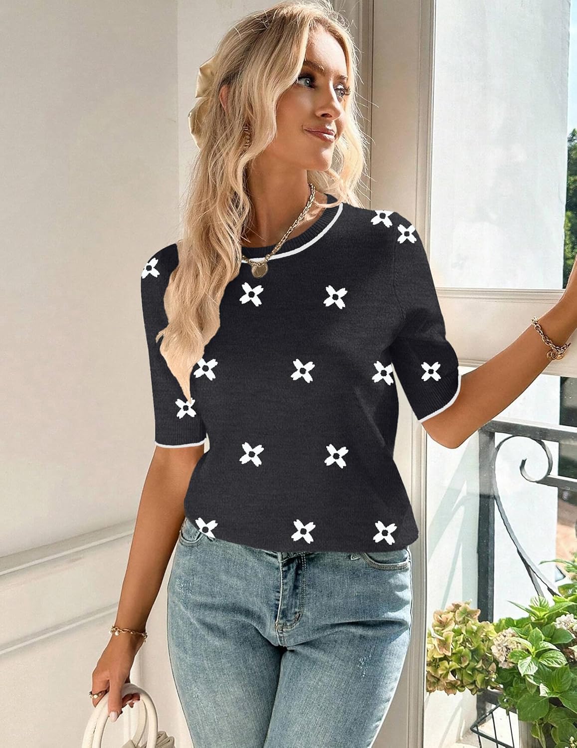Zeagoo Women Short Sleeve Sweater Summer Crew Neck Dressy Casual Soft Knit Pullover Tops Trendy - Image 3