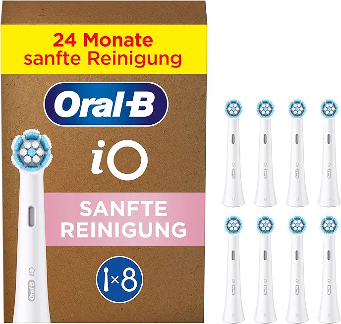Oral-B iO Sanfte Reinigung Aufsteckbürsten — ORIGINAL Zahnbürstenaufsatz für Elektrische Oral-B iO Zahnbürsten — Ersatzbürsten, Bürstenköpfe für empfindliches Zahnfleisch & Zähne — Weiß, 8 Stück
