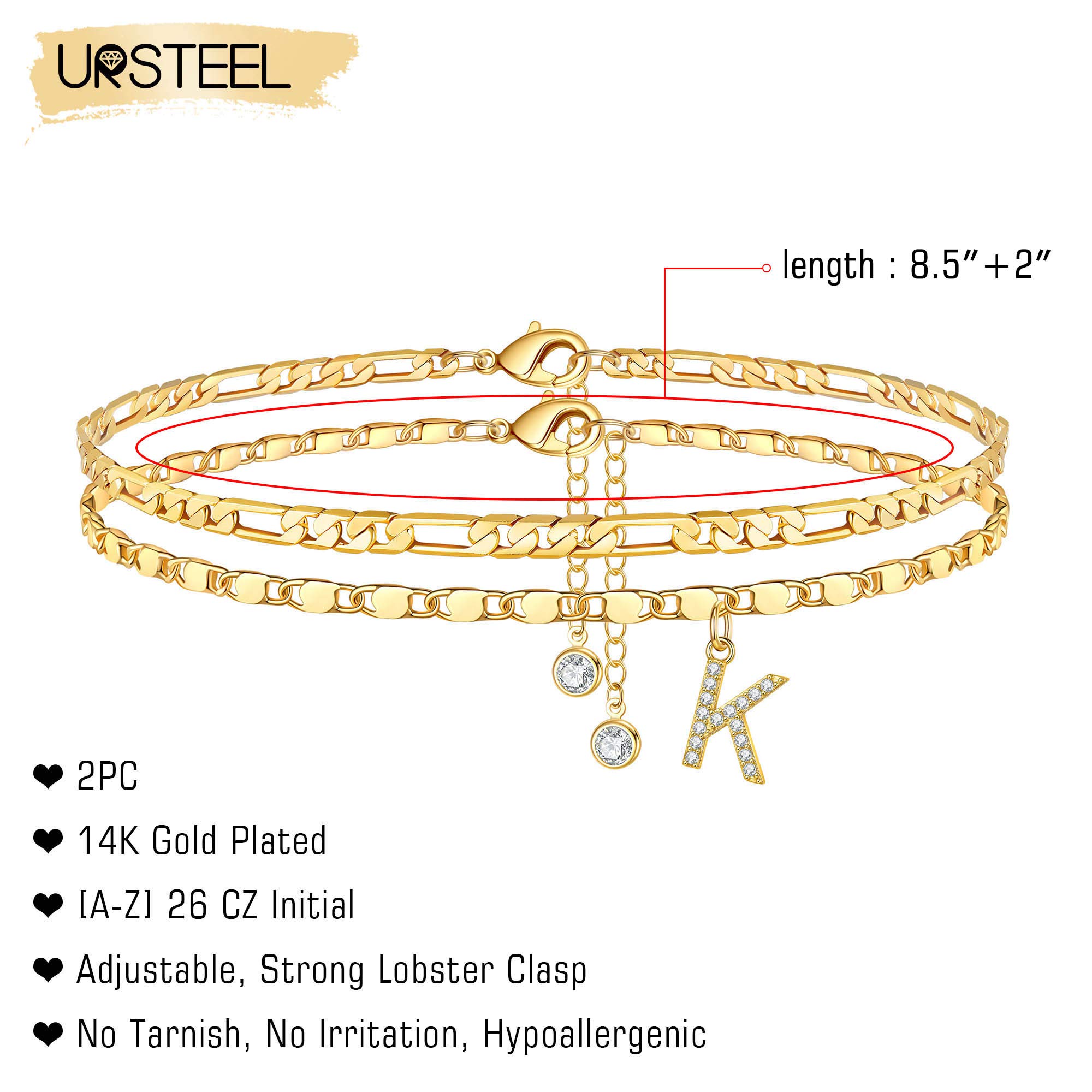Tobilleras chapadas en oro de 14 quilates, delicadas capas de cadena Figaro con inicial de circonita cúbica, joyería de verano, regalos para mujer, adolescente y niña, Metal, Circonita cúbica 2