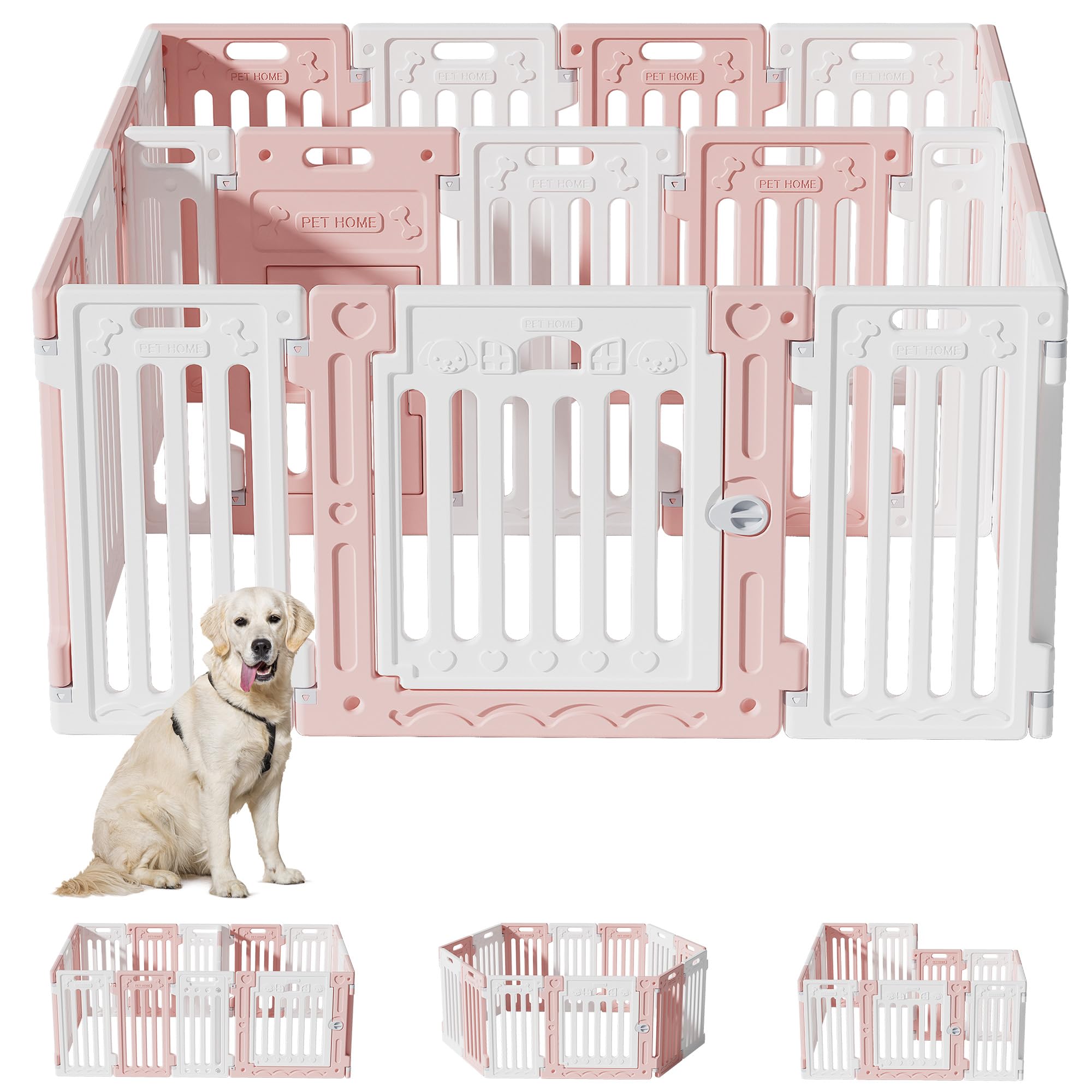 Aoole 2 Room Dog Playpen with Door,DIY Shape Combination Puppy Pen,16-Panel+2 Link Piece+Large Door+Small Door,25.5" H Dog Fence,Non-Slip&Secure Pet