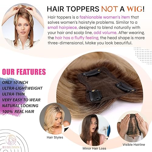 Miniatura 2 de Toppers para el cabello humano real para mujer, toppers de cabello humano para mujer, rubio con raíces oscuras, toppers para cabello fino, toppers