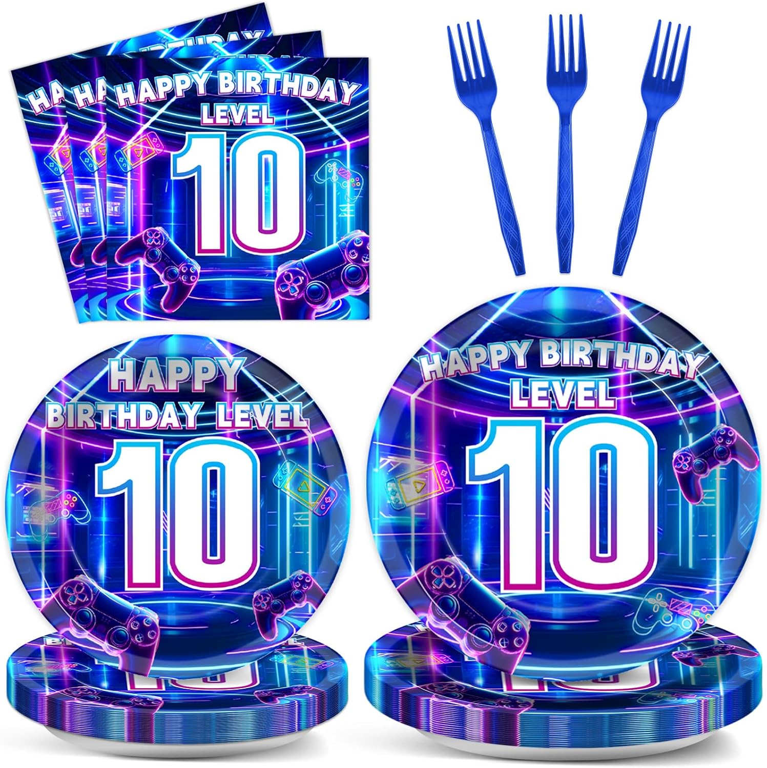 96Pcs 10th Birthday Video Game Plates and Napkins Gamer 10 Years Old Party Decorations Purple and Blue Level 10 Dessert Plates 10th Birthday Tableware for 24 Guests Boys Kids Gaming Party Supplies
