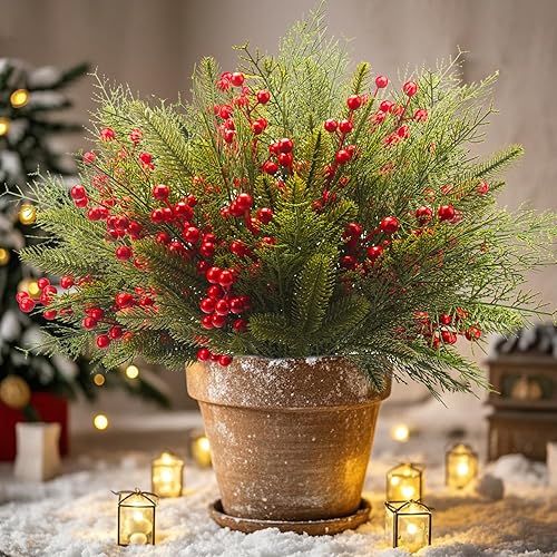90 piezas de ramas de pino artificiales, tallos de cedro con bayas de acebo rojas, tallos de pino sintético perfectos para árbol de Navidad, corona