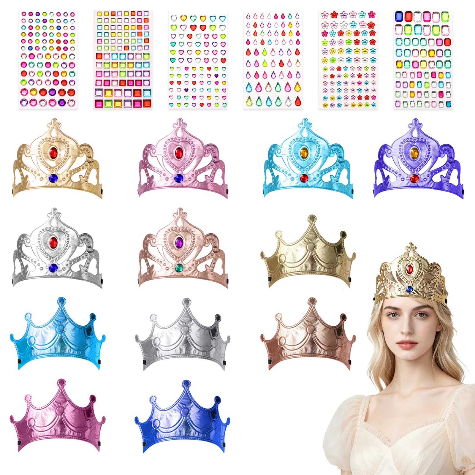 Guttiuaa Paper Crowns Set, 12 Pcs Adjustable Crown with 6 Diamond Sticker for Party