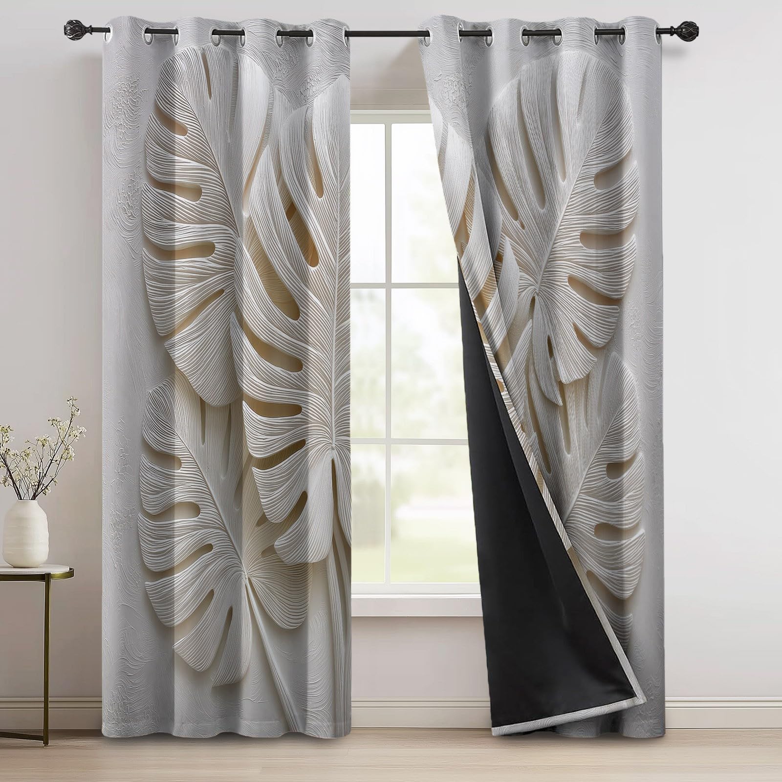 140 x 245 cm (2 paneles) cortina opaca Plantas Hojas de Monstera Textura Cortinas térmicas aislantes Anti UV, blanco opaco, decoración para el hogar, salón, dormitorio, ventana con ojales