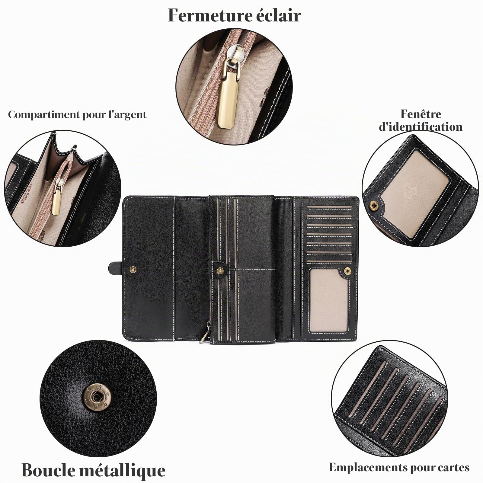 SENDEFN Portefeuille Femme Grand Format, Porte Monnaie Femme Cuir avec Blocage RFID, Portefeuille et Porte-cartes Grande Capacité et des Compartiments Zippés