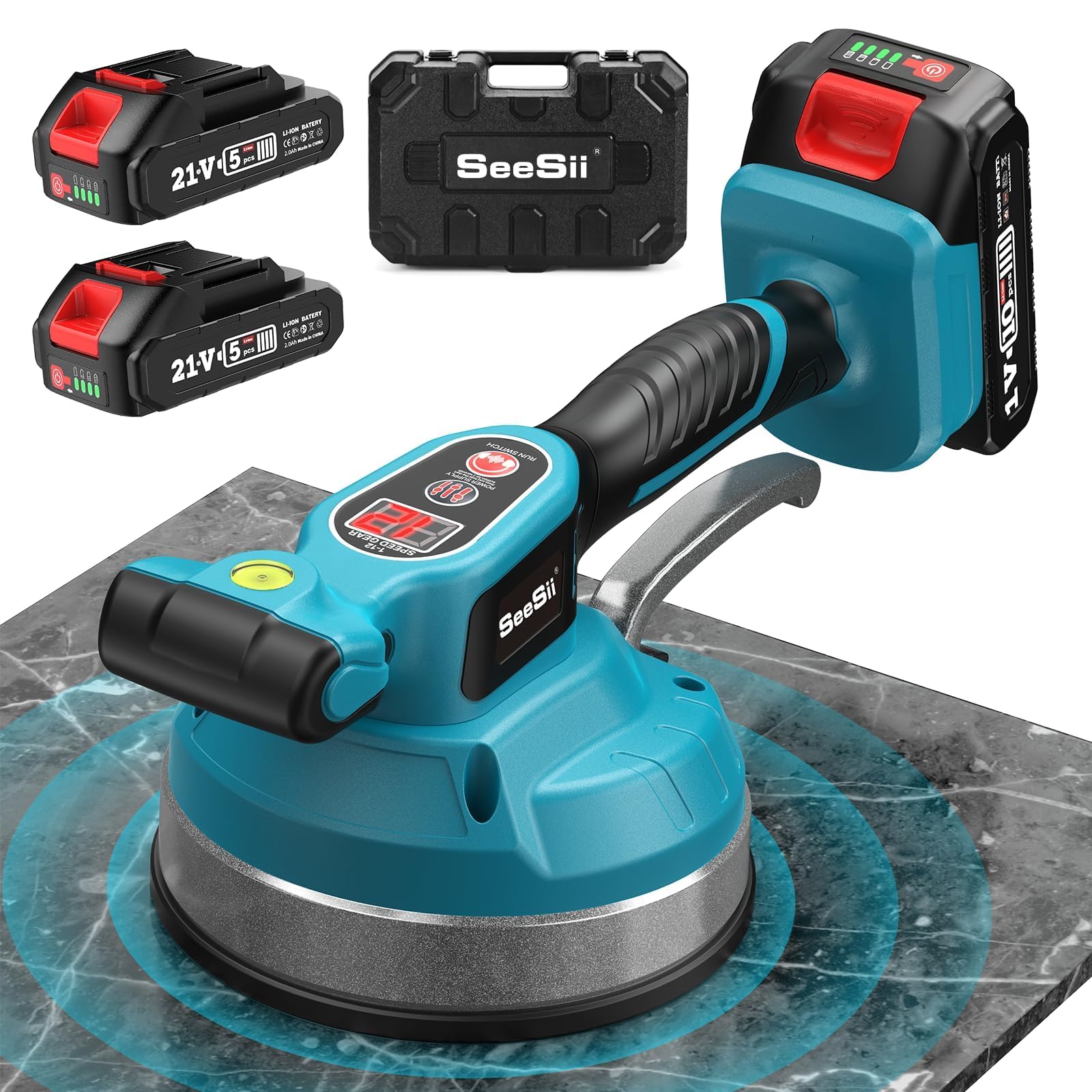 SEESII Máquina Vibradora Azulejos 160mm Para La Colocación De Azulejos | 2 Baterías 2000 mAh, Azulejos 30–150 cm, 28.000 RPM Anti-Burbujas, 10 H, 12 Vel., 159 Kg, Compatible Makita 18V