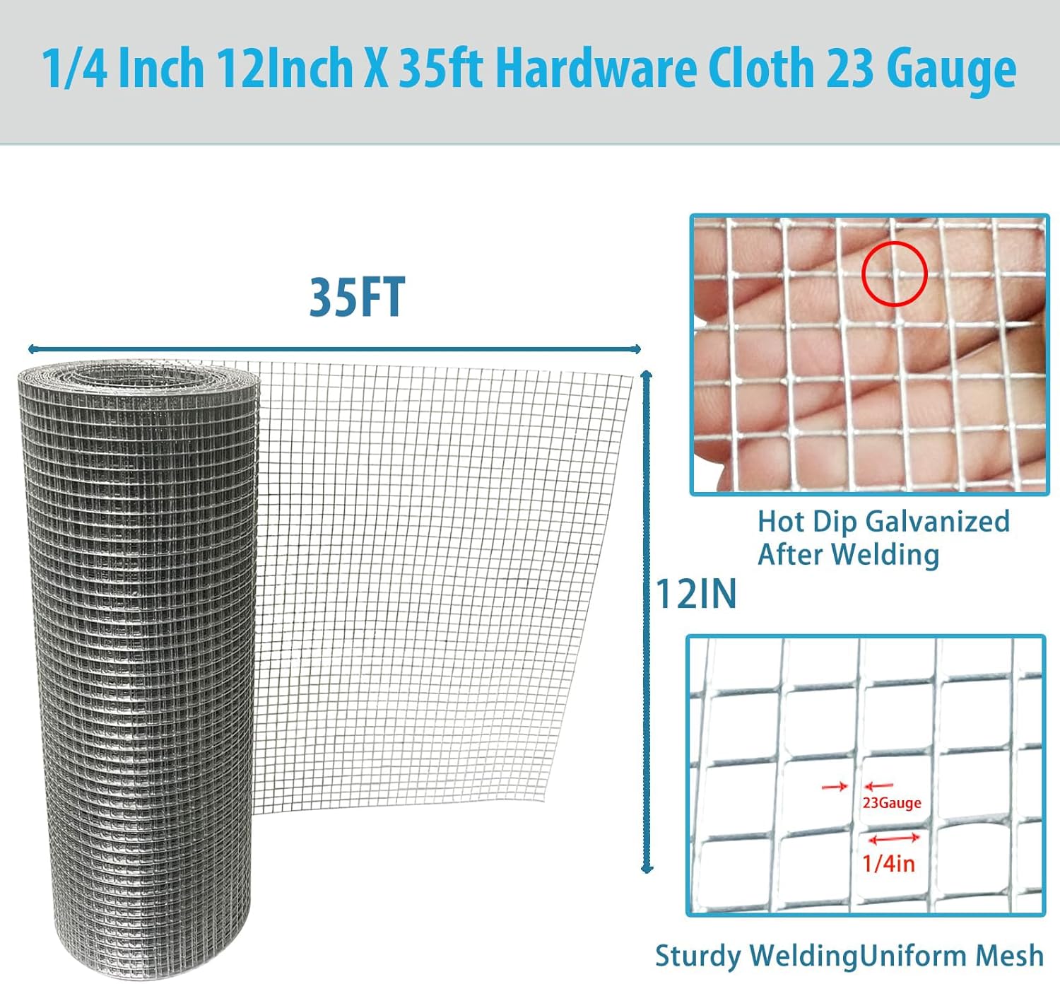 Galvanized Hardware Cloth 1/4 Inch 23 Gauge - 12" x 35ft Heavy Duty Welded Wire Mesh, Hot-Dip Galvanized After Welding for Durability - Chicken Fence, Garden Fencing, Rabbit Barrier, DIY Crafts