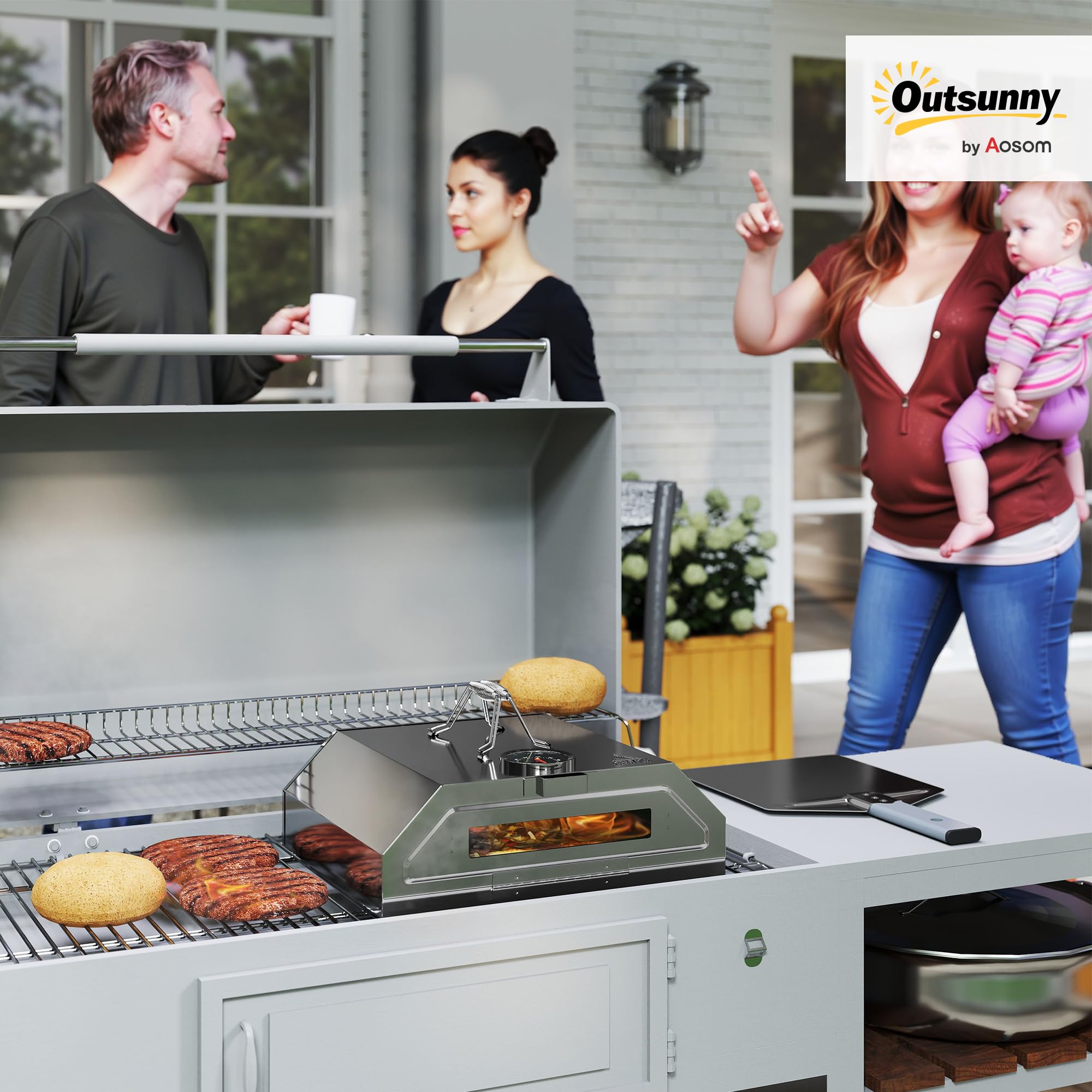 Outsunny Four à pizza portable 20,3 cm acier inoxydable thermomètre intégré fenêtre visualisation barbecue gaz charbon bois poignées transport