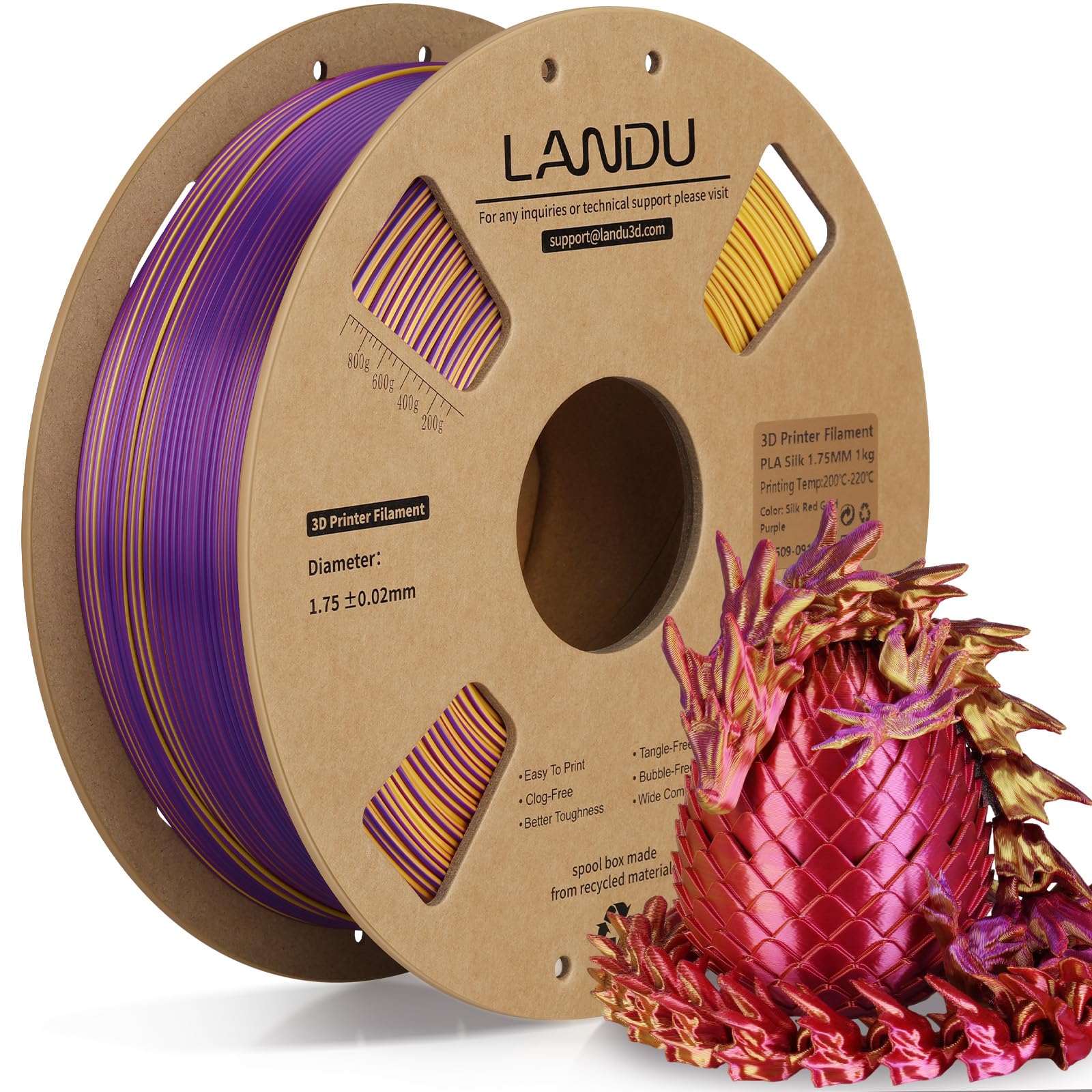 LANDU Silk Tri-Color PLA Filament 1.75mm 1Kg,Triple Color Silk PLA Filament, Silk Rainbow PLA Filament,Neatly Wound 3D Printer Filament,3 in 1 Multi Color Filament +/-0.02mm, Silk Red Gold Purple