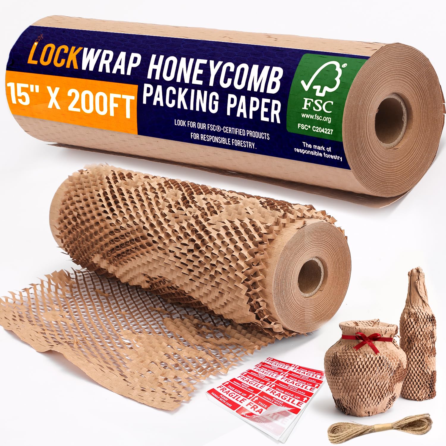 Honeycomb Packing Paper 15" x 200ft with Rope & 20 Fragile Stickers|Shipping & Moving Supplies|Small Business Packaging Supplies|Eco Friendly Bubble