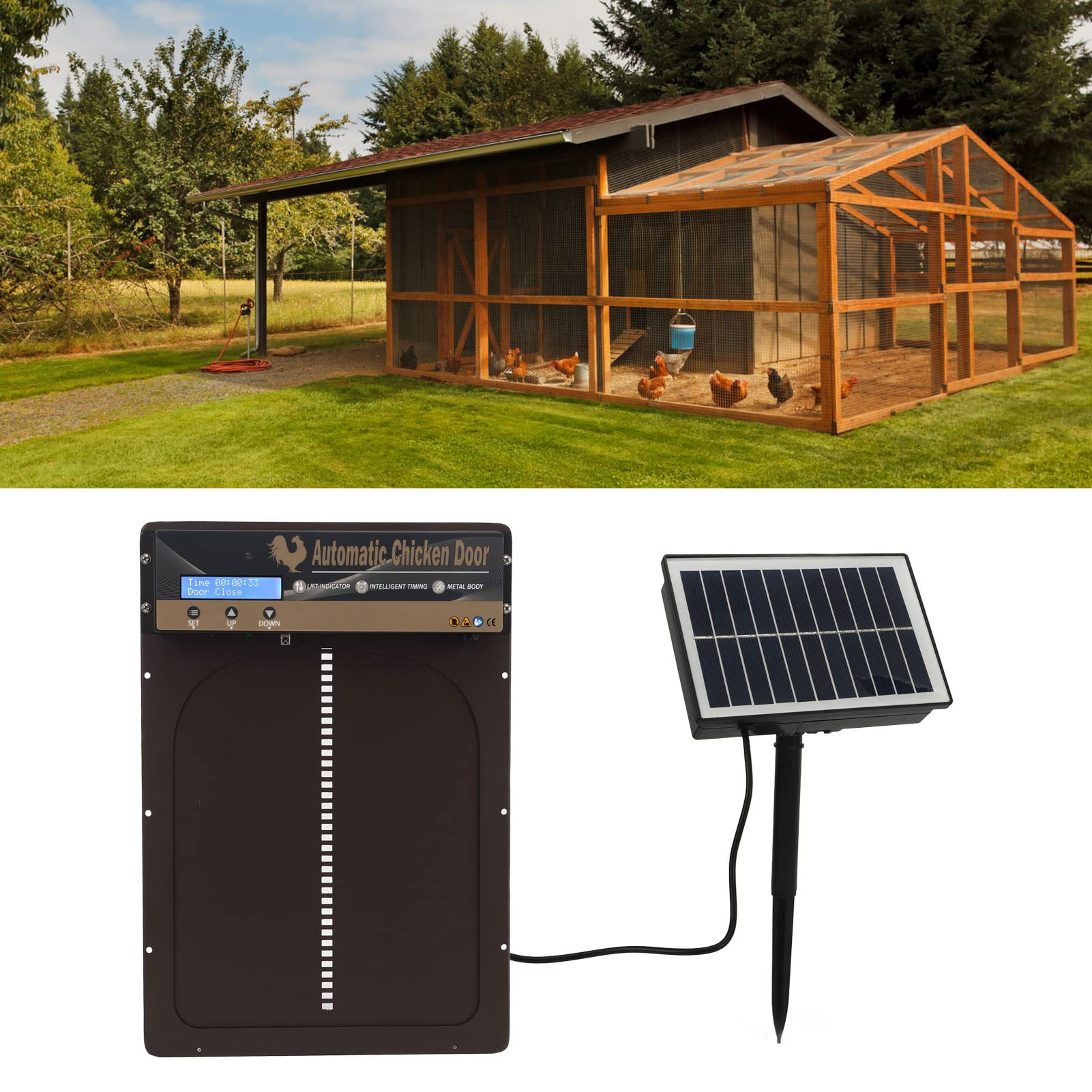 Porta Automatica per pollaio, Apertura ad energia Solare 3 in 1 con Timer, sensore di Luce, 2 Tipi di Alimentazione, Porta sicura per pollai e Anatre, Marrone