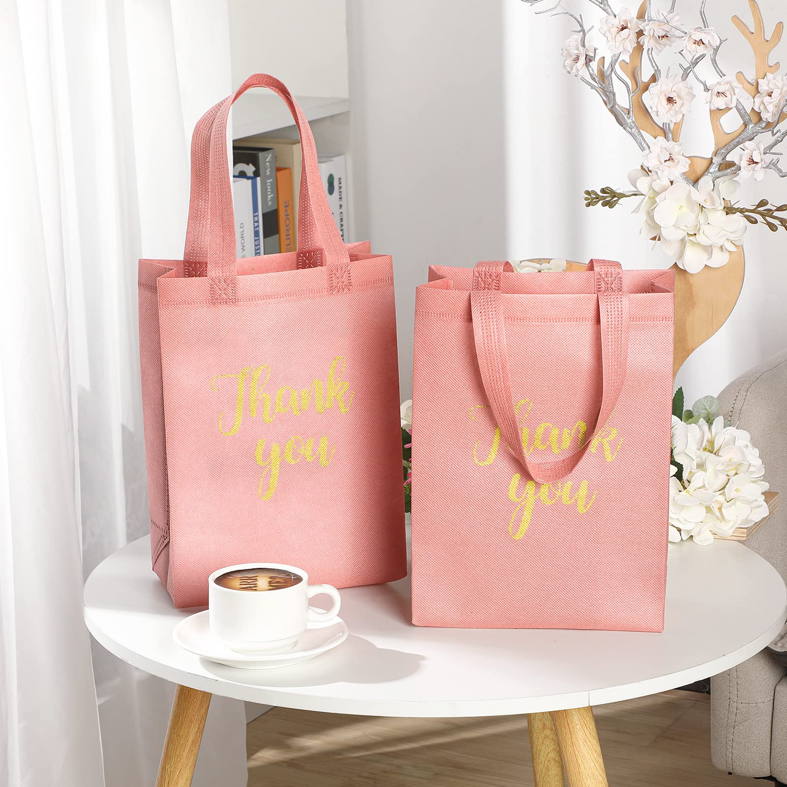 Roowest Lot de 50 sacs à provisions réutilisables non tissés avec poignées (rose, doré)