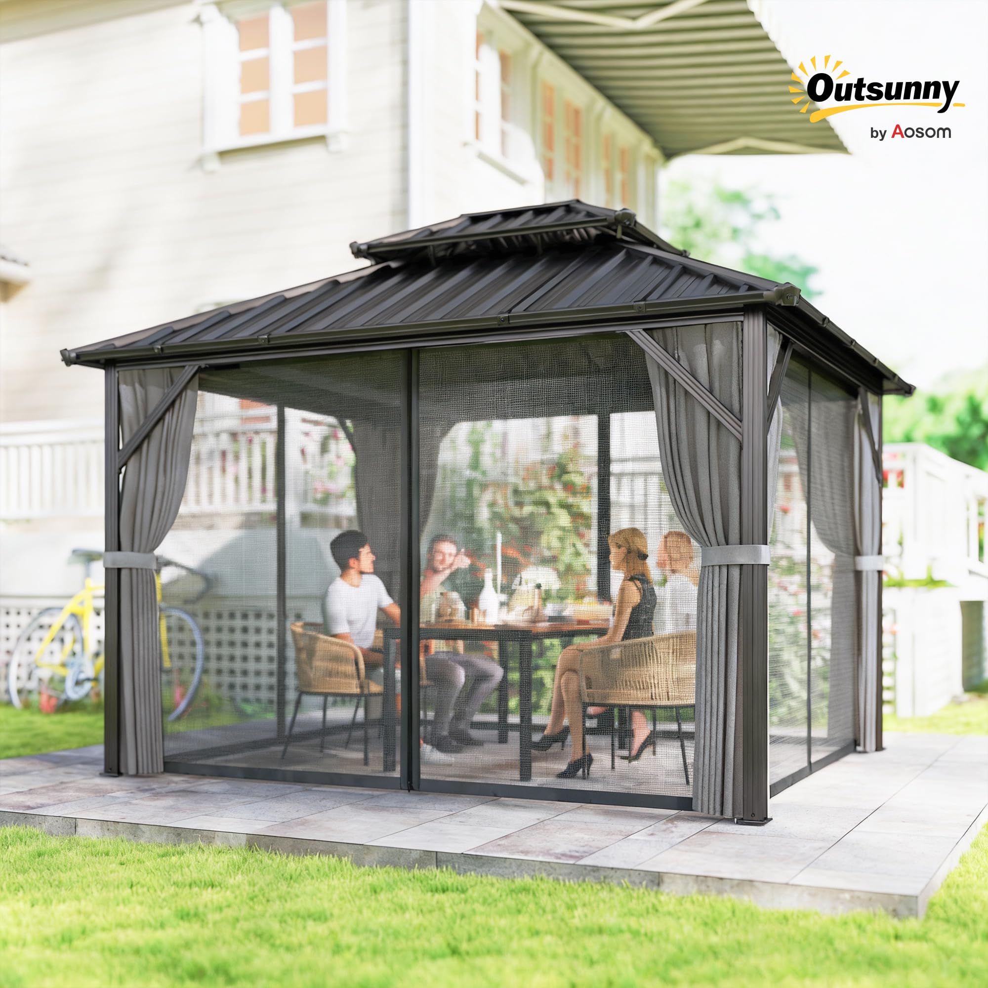Outsunny Pavillon 3 x 3,6 m Toit Rigide Acier Galvanisé UPF50+ Gris Foncé
