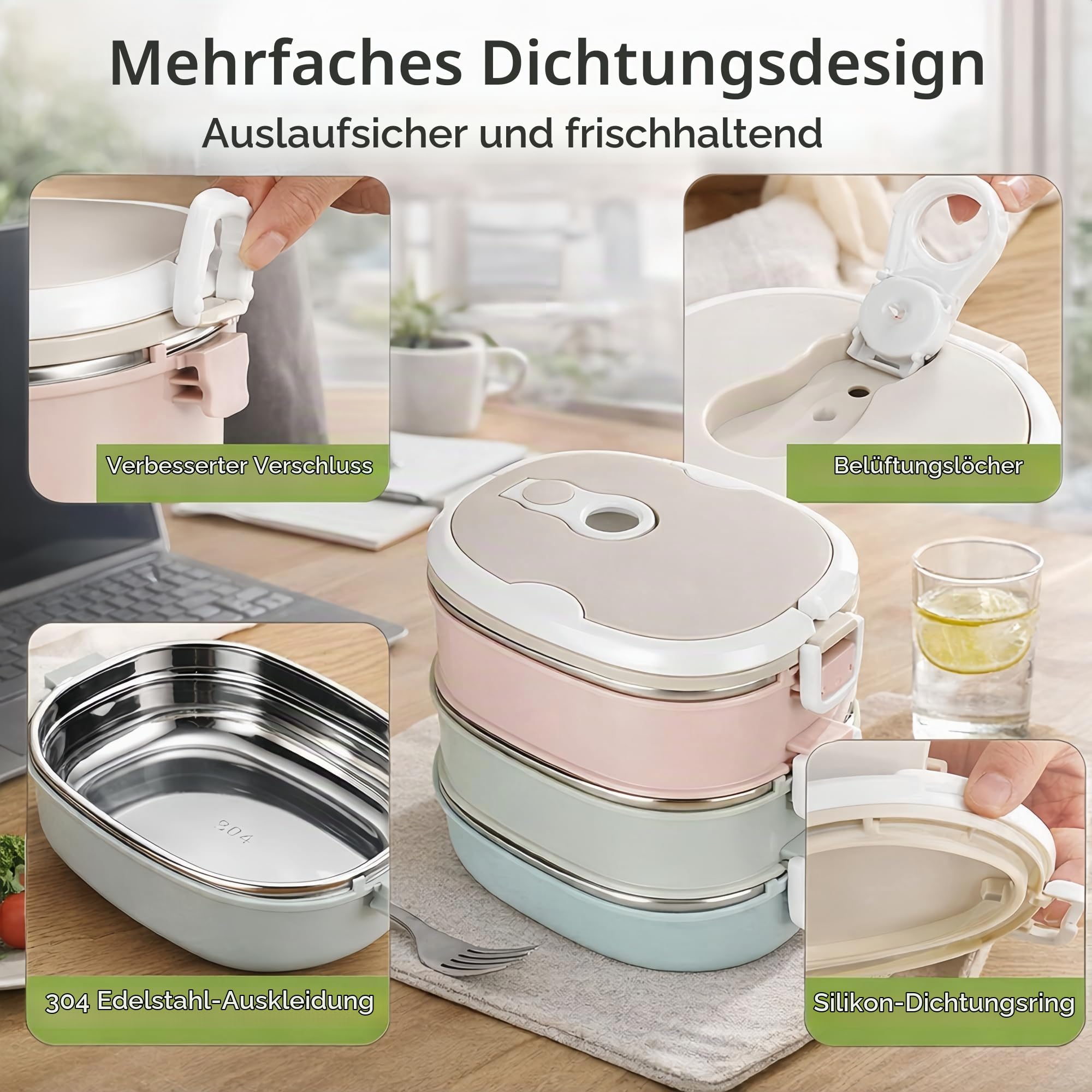 Bento-Lunchbox, Thermo Lunchbox, 304 Edelstahl-Lunchbox, Thermo Essensbehälter Mehrschichtige Lebensmittelbehälter mit Wärmedämmung, Thermo Speisebehälter für Kinder Erwachsene Camping(3 Layer)