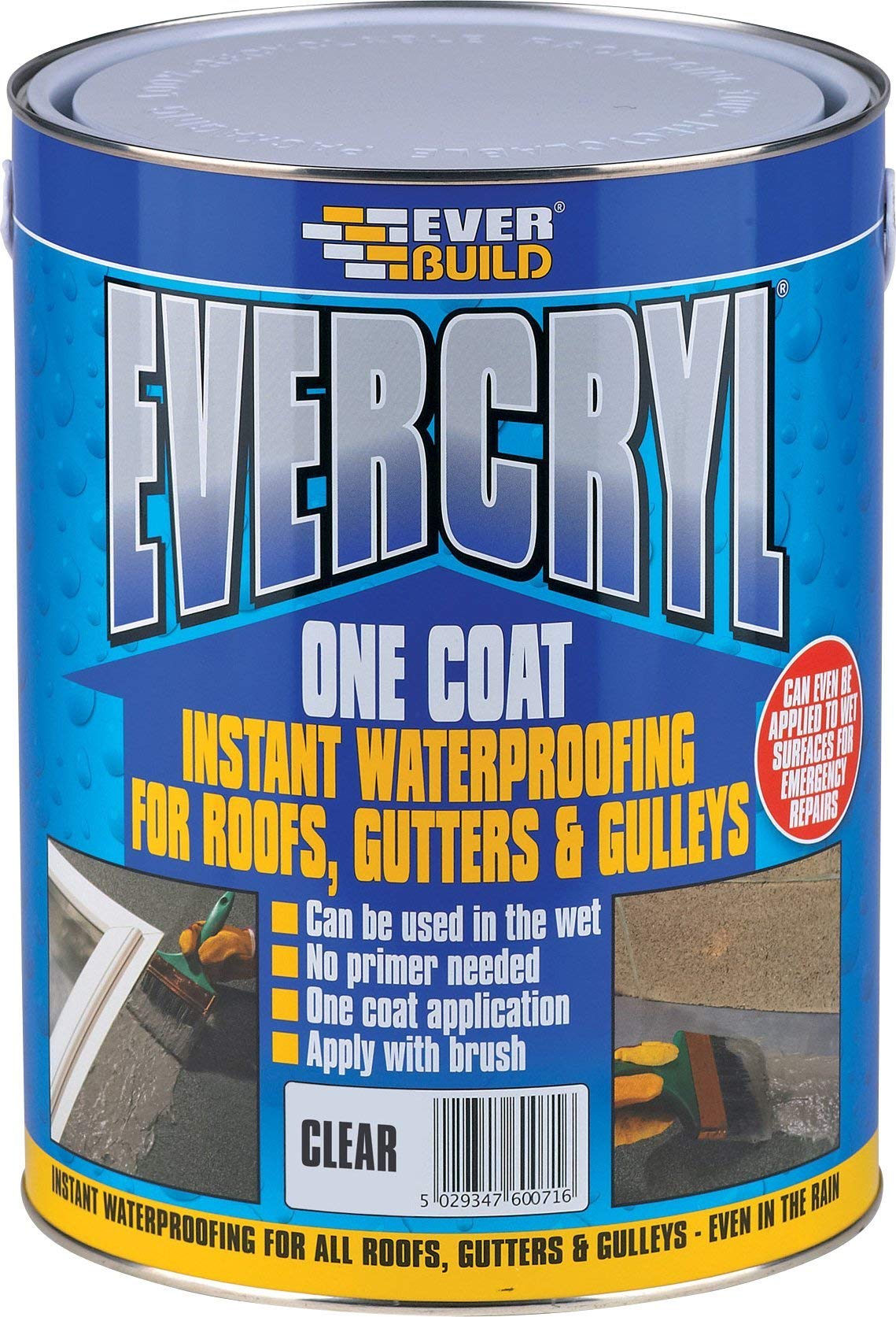 Everbuild Evercryl One Coat Instant Waterproofing – Suitable for Roofs, Gutters and Gulleys – Black – 2.5kg