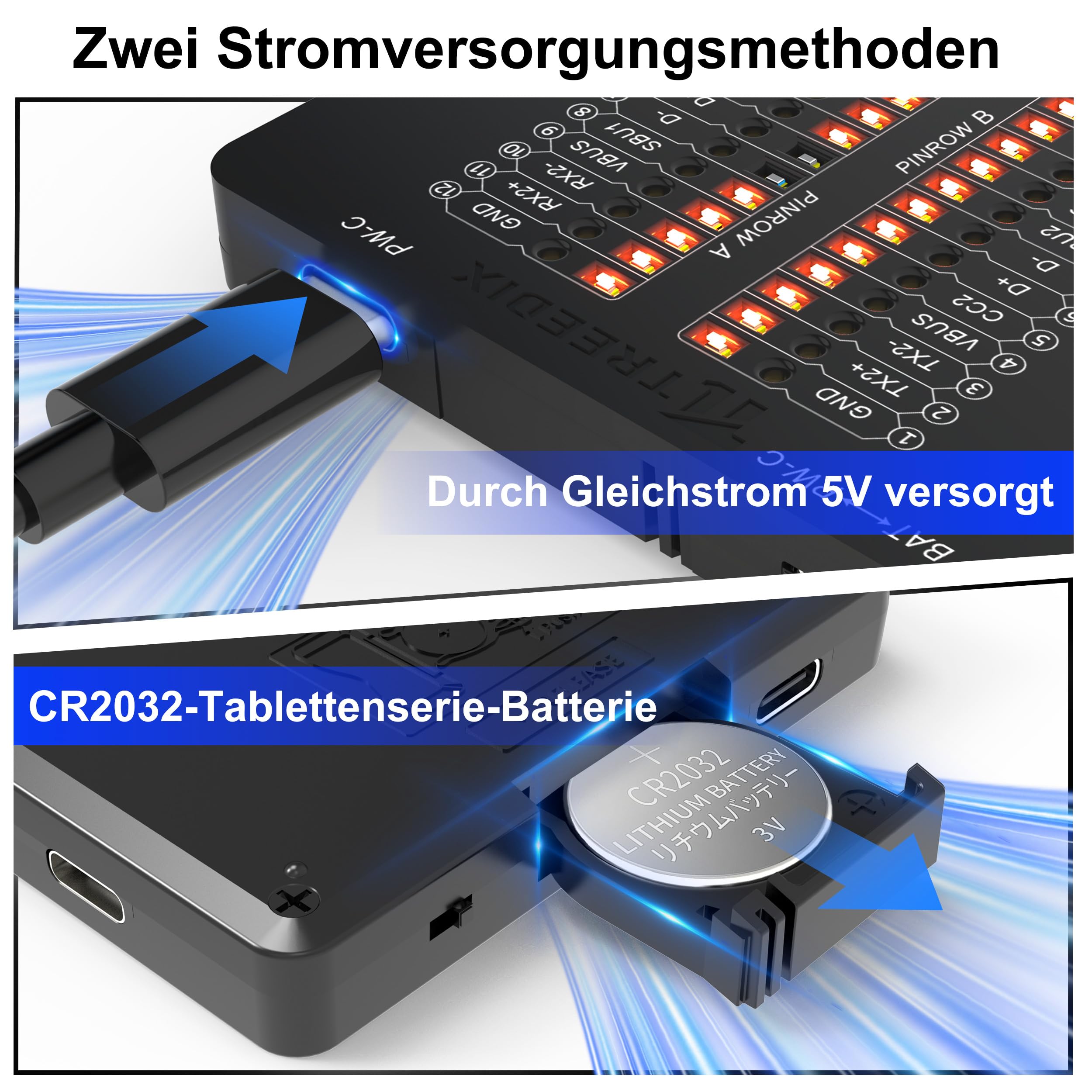 Treedix USB Kabeltester USB-C-Kabeltester Datenkabeltester Prüfplatine, USB Tester für Type-C, USB-A 3.0, Micro-B 3.0, Micro-B 2.0, Mini-B 2.0 sowie für Lightning-Kabel indem Sie die LEDs überprüfen