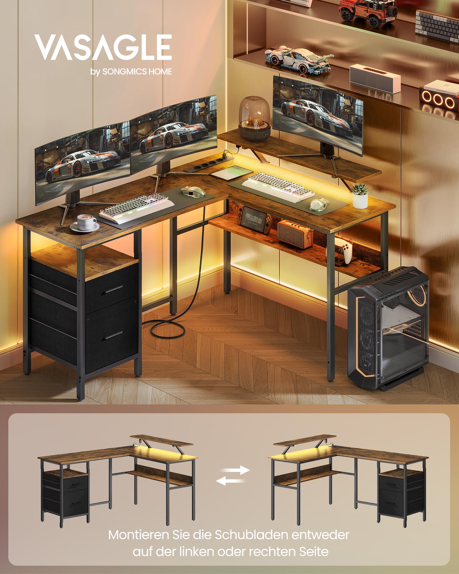 VASAGLE L-förmiger Schreibtisch mit Steckdosen, Eckschreibtisch, Computertisch, Monitorständer, Gaming-Tisch, LED-Beleuchtung, USB-Anschlüsse, 150 x 120 x 76 cm, Homeoffice, vintagebraun LWD095K01