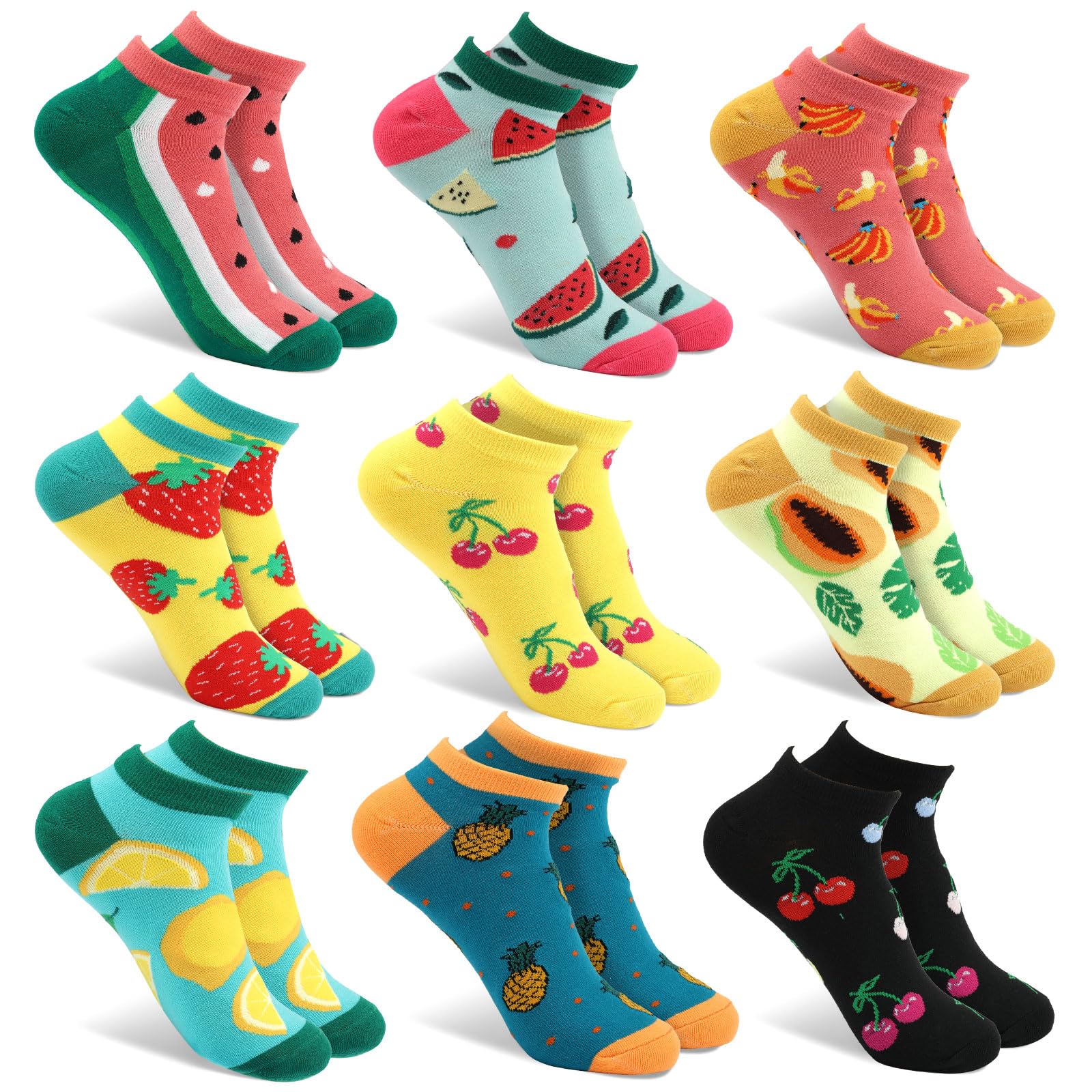Svalor Lustige Sneaker Socken Damen Baumwolle Bunte Socken (DE/NL/SE/PL, Numerisch, 39, 42, Regular, Regular, 9, 9 Paar Lustige Fruchtsocken)