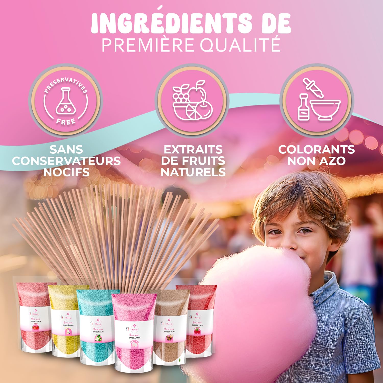 Misskandy®-Sucre Barbe à Papa pour machine lot de 6X160Gr (Arômes Naturels) Fraise- Pina colada- Cola-Pomme-Marshmallow-Framboise/poudre barbapapa+ 20 Bâtonnets Réutilisables (Offerts)