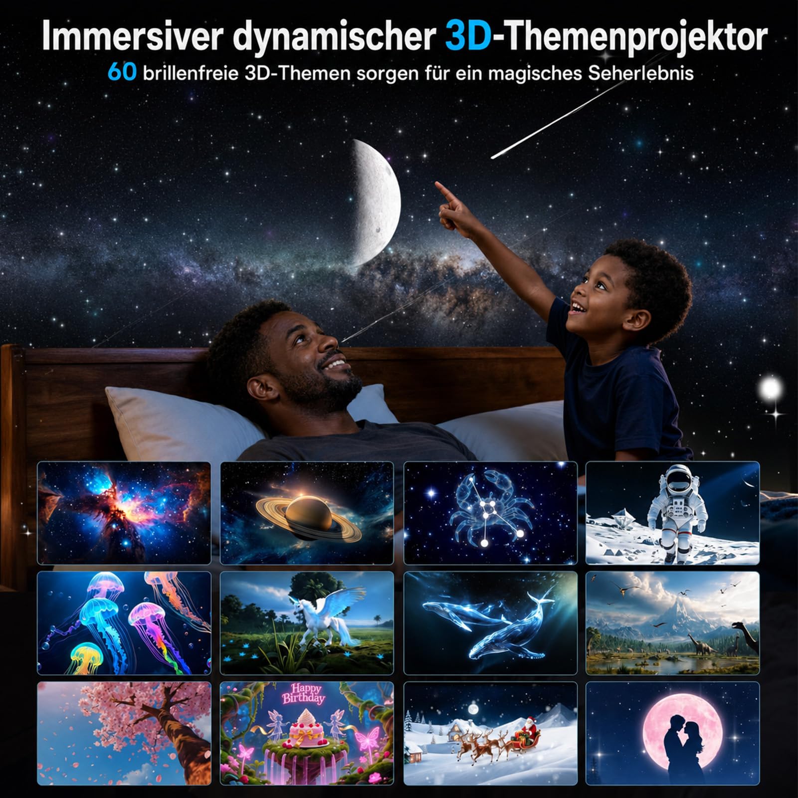3D Galaxie Projektor 60 HD-Motive geeignet für den Innenbereich grau | Escenas dinámicas: cielos estrellados, océanos, festivales, etc., control remoto y temporizador
