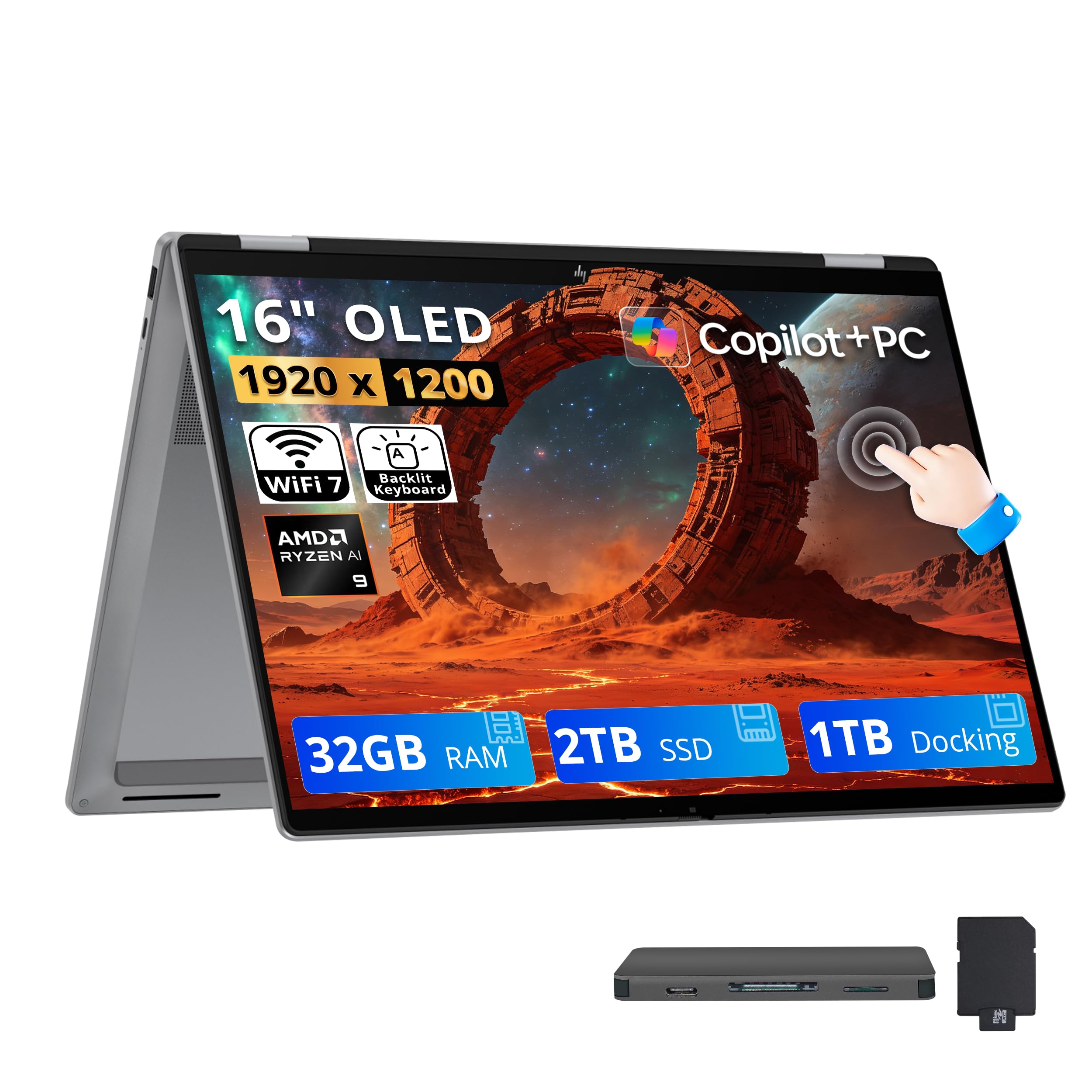 OmniBook X Flip 2-in-1 16" FHD+ OLED Touchscreen Laptop, AMD Ryzen AI 9 465, 32GB LPDDR5X, 3TB Storage (2TB SSD+1TB Docking Station), Backlit Keyboard, Copilot+ PC, Wi-Fi 7, Win 11, Silver