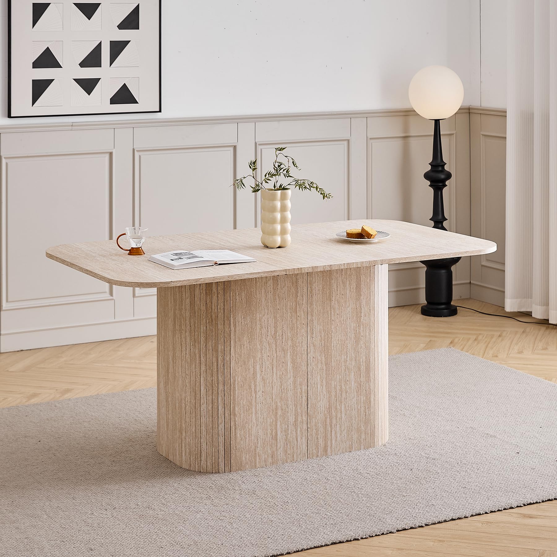 Mesa Comedor Rectangular para 4-6 Personas - 160 x 90 x 75 cm - Tablero de MDF con Acabado en Travertino - Mesa de Cocina con Base Ovalada Elegante, Amarillo Claro