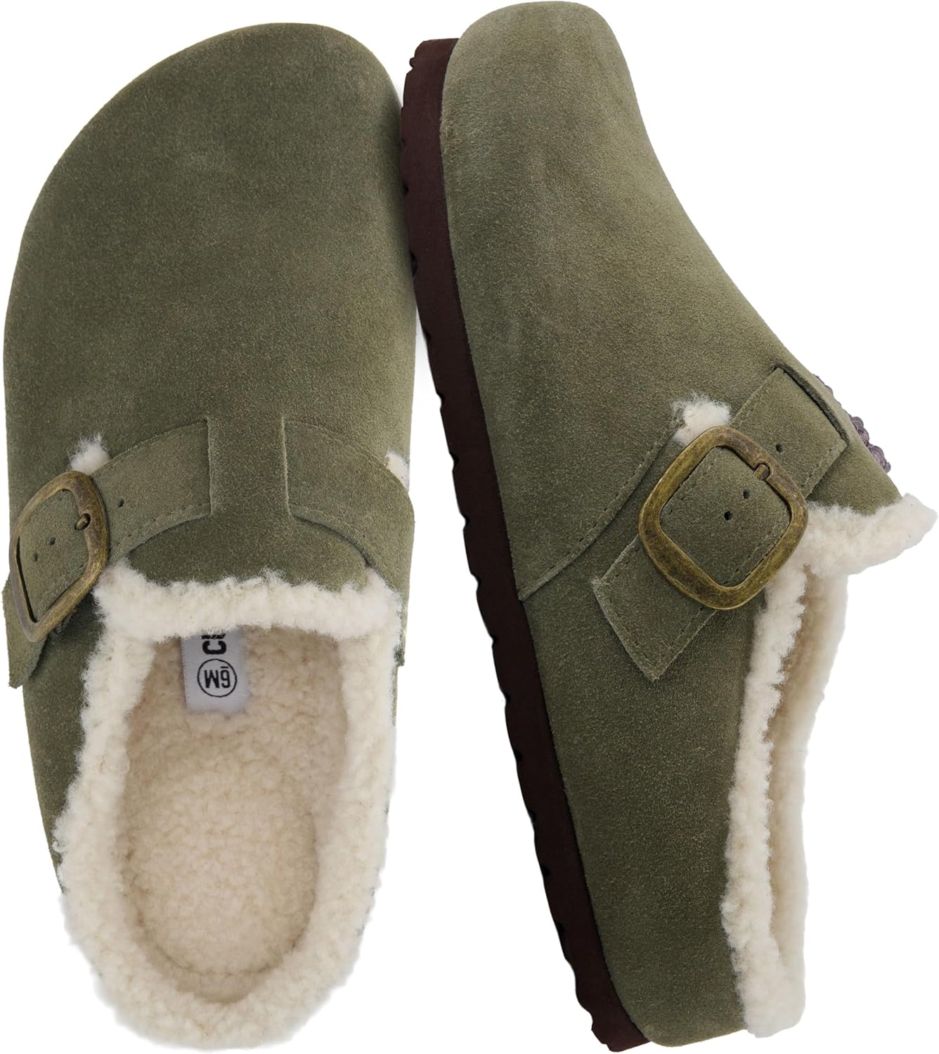 CUSHIONAIRE Haven Genuine Leather Clogs for Women – Faux Fur Lined Slip-On Womens Shoes with Cork Footbed and Adjustable Buckle