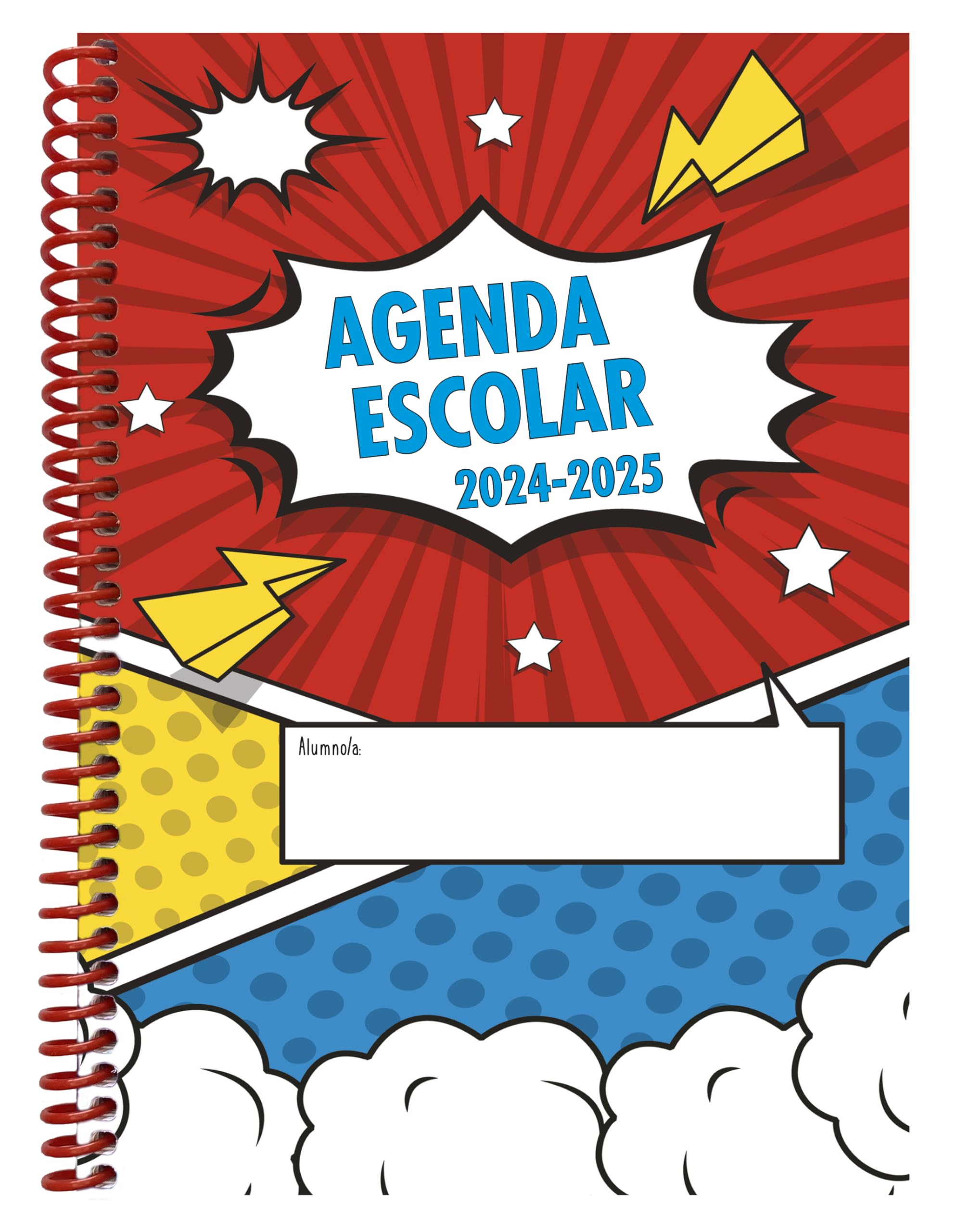 Agenda Escolar 2024-2025 // Semana Vista // Español // Modelo Secundaria Comic // Espiral plástico y tapas protectores // Formato A5. Tamaño 150 x 211 // Tapa semi rígida