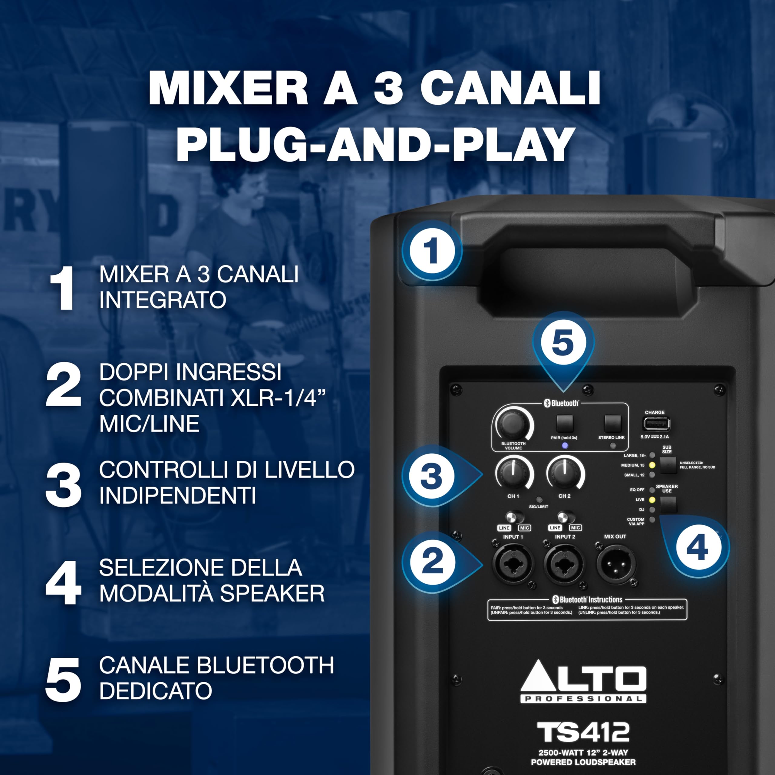 ALTO TS412 Cassa Amplificata Attiva da 12" e 2500W, Potente con Bluetooth, Mixer a 3 Canali, Connessione tra Altoparlanti Wireless, DSP e App
