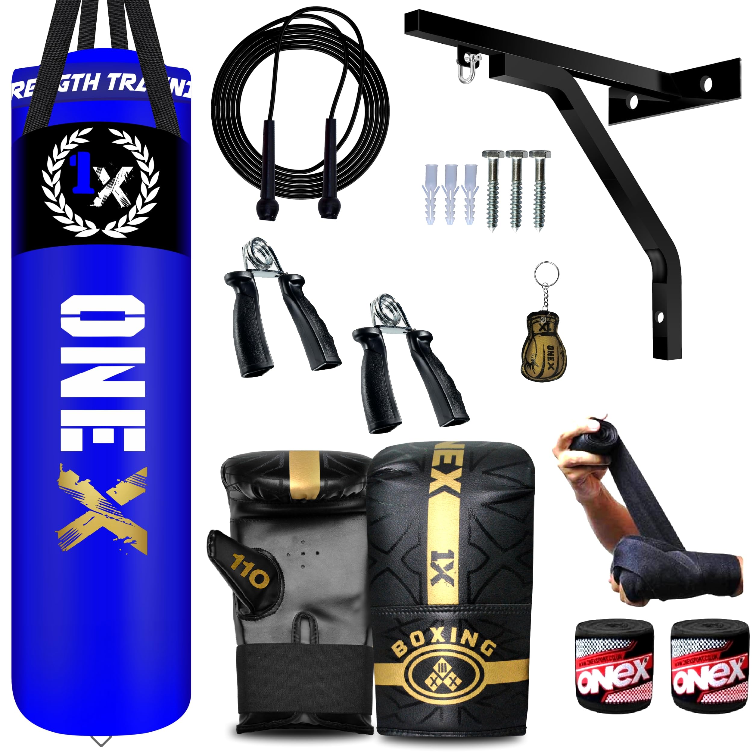 Boxing bag heavy duty punching bag Filled 5ft 4ft set, punch bag Kickboxing MMA Grappling Muay Thai Karate BJJ best punch bags equipment for Indoor or Outdoor boxing Training (5ft Blue +Wall Bracket)