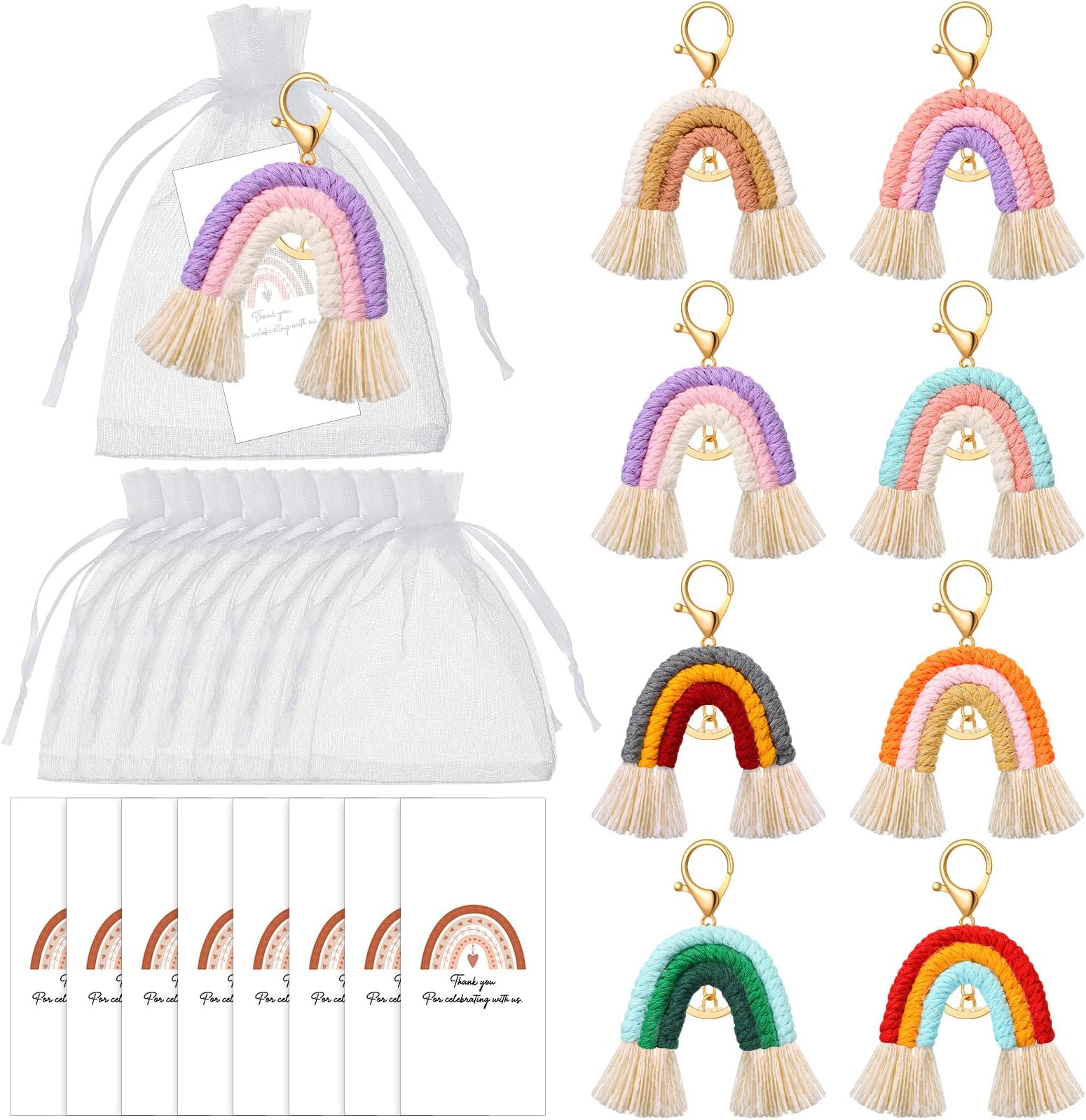 Nosiny Mini Rainbow Macrame Keychains Rainbow Party Favors Organza Bags Thank You Tags for Nurse Mother Women Appreciation Gifts Bohemian Hippie Birthday Wedding Party Supplies (8 Set)